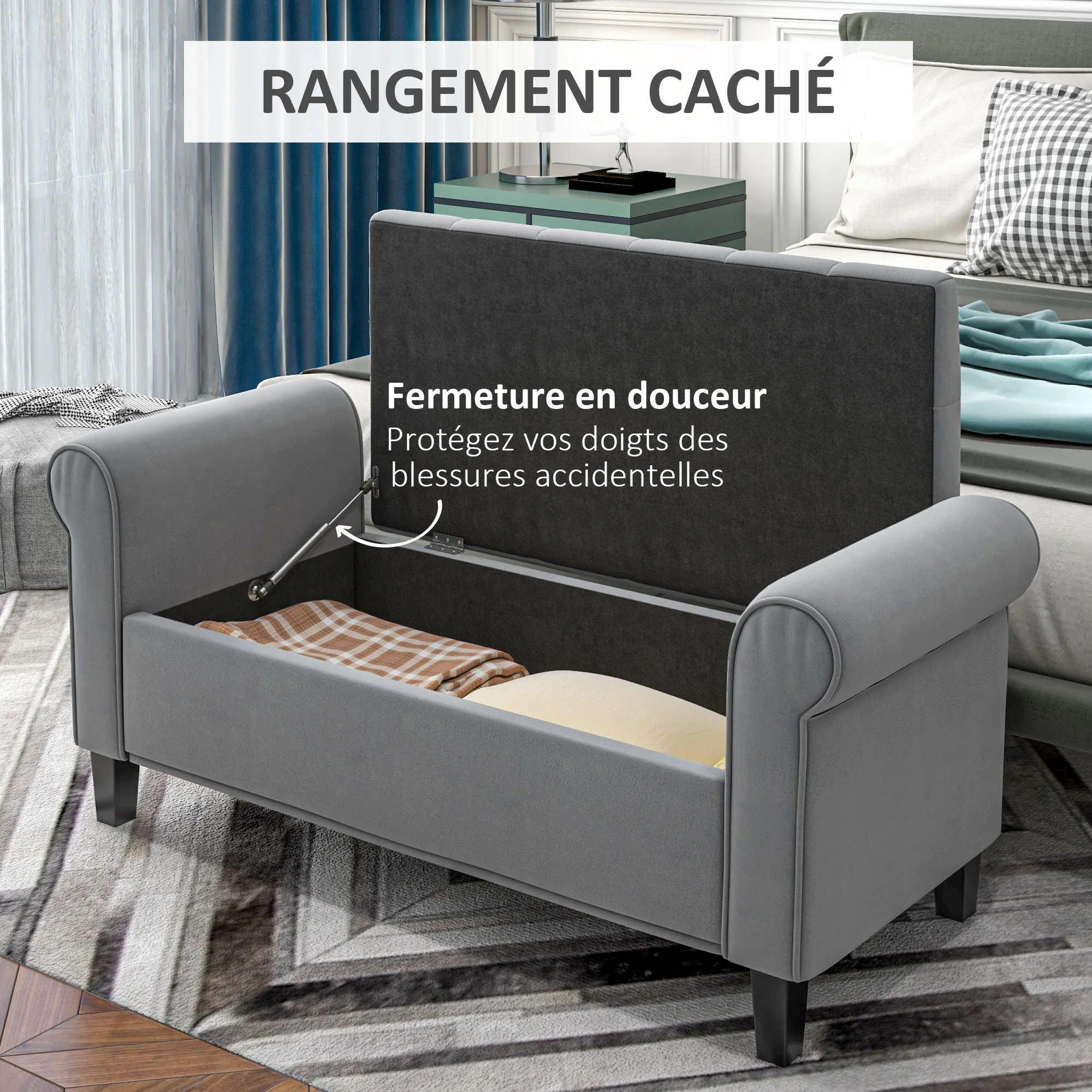 Banc de rangement bout de lit avec accoudoirs, coffre de rangement en tissu velours rembourré et capitonné, charge jusqu'à 220 kg, pour salon, chambre, entrée, 126 x 48,5 x 57 cm, gris - Image 5
