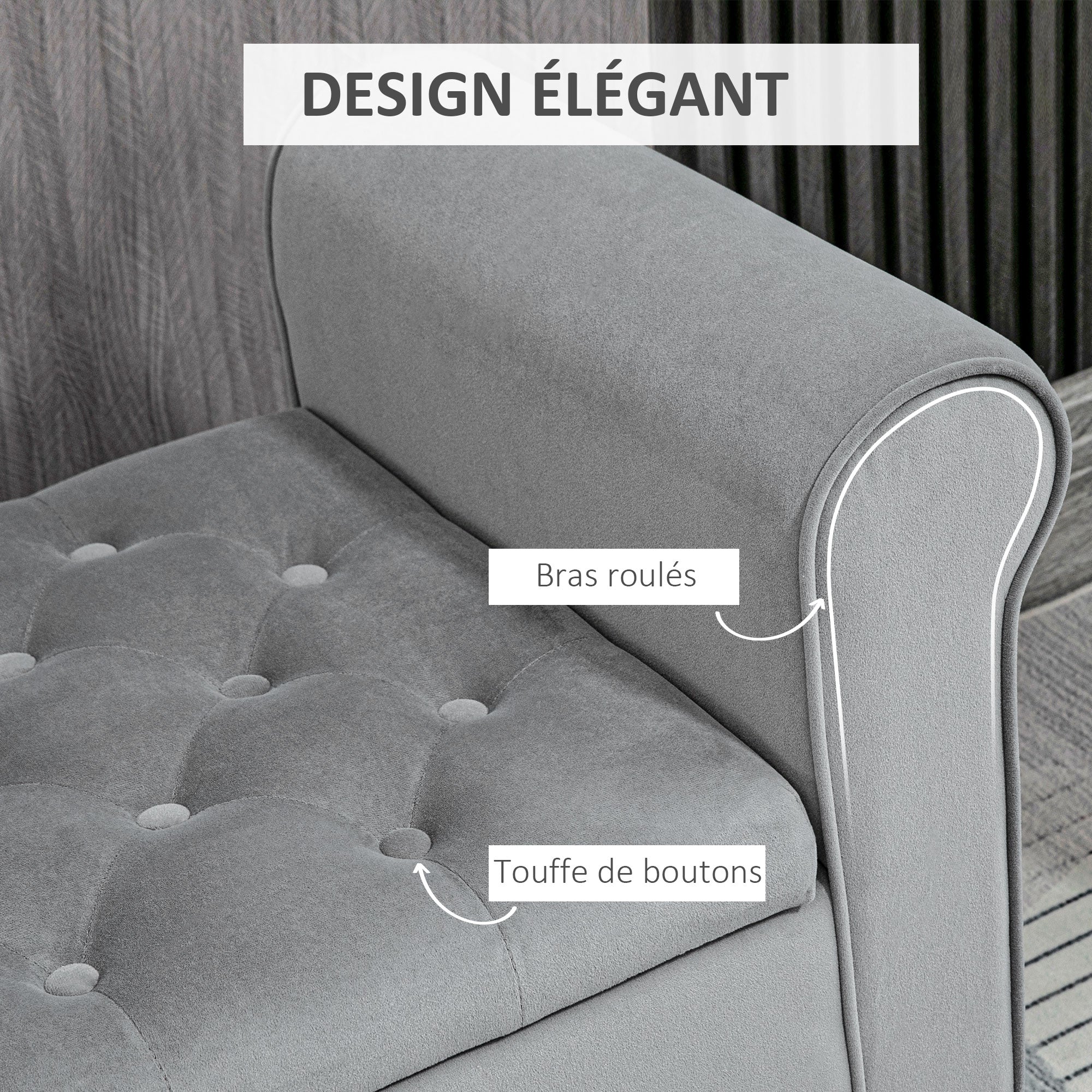 Banc de rangement bout de lit avec accoudoirs, coffre de rangement en tissu velours rembourré et capitonné, charge jusqu'à 220 kg, pour salon, chambre, entrée, 126 x 48,5 x 57 cm, gris - Image 7