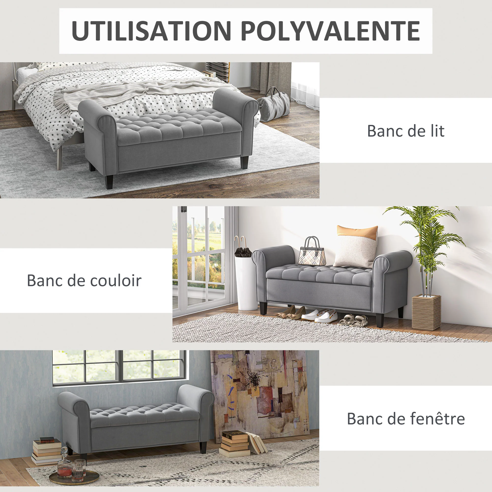 Banc de rangement bout de lit avec accoudoirs, coffre de rangement en tissu velours rembourré et capitonné, charge jusqu'à 220 kg, pour salon, chambre, entrée, 126 x 48,5 x 57 cm, gris - Image 8