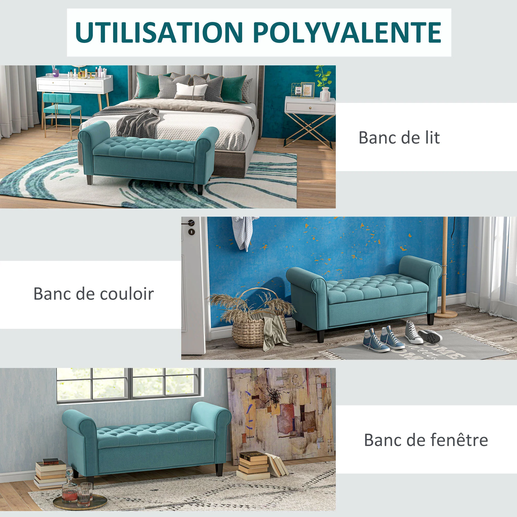 Banc de rangement bout de lit avec accoudoirs, coffre de rangement en tissu velours rembourré et capitonné, charge jusqu'à 220 kg, pour salon, chambre, entrée, 126 x 48,5 x 57 cm, vert - Image 8
