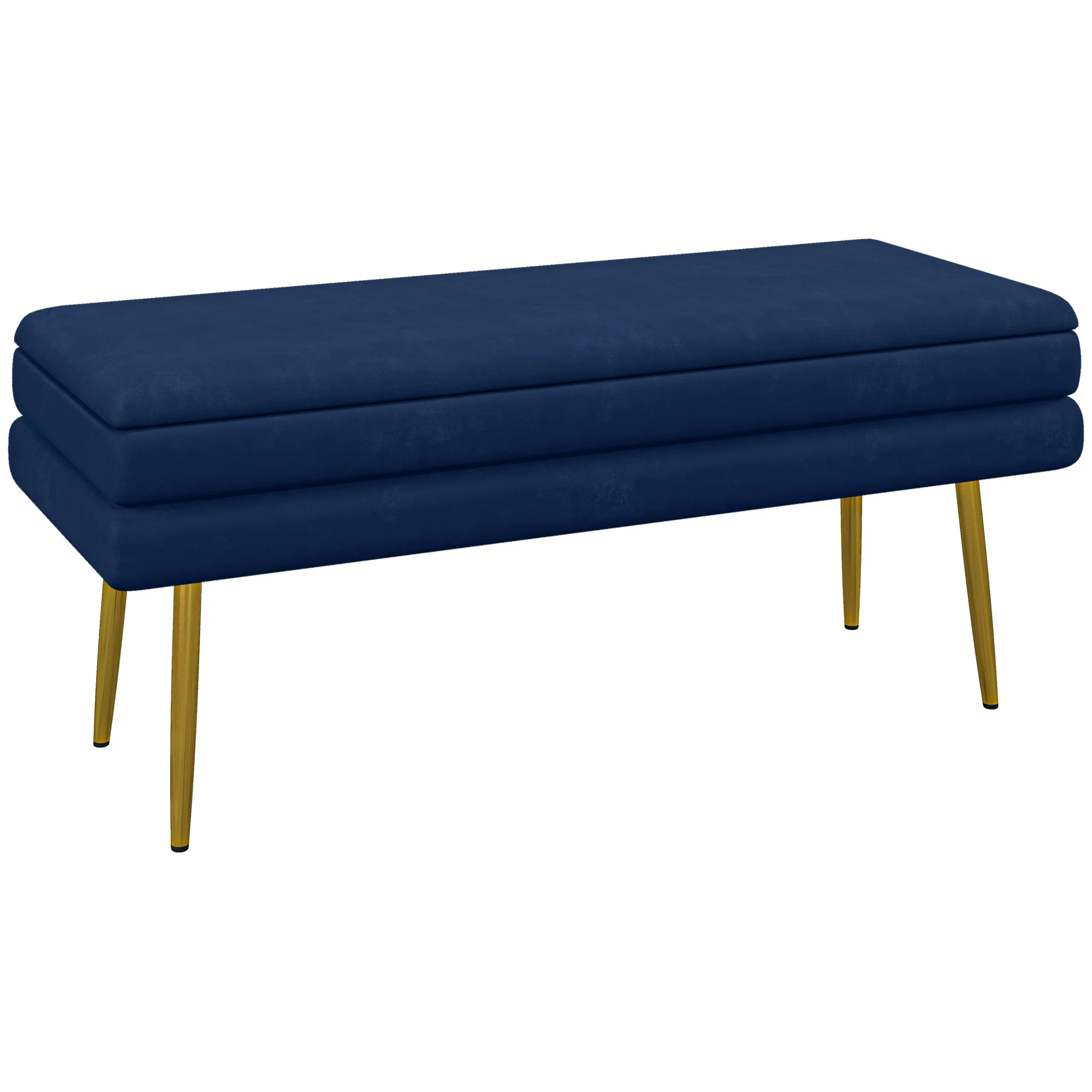 Banc de rangement, bout de lit, coffre de rangement avec assise aspect velours et pieds acier, 100 x 37,5 x 42 cm, bleu et doré - Image 11