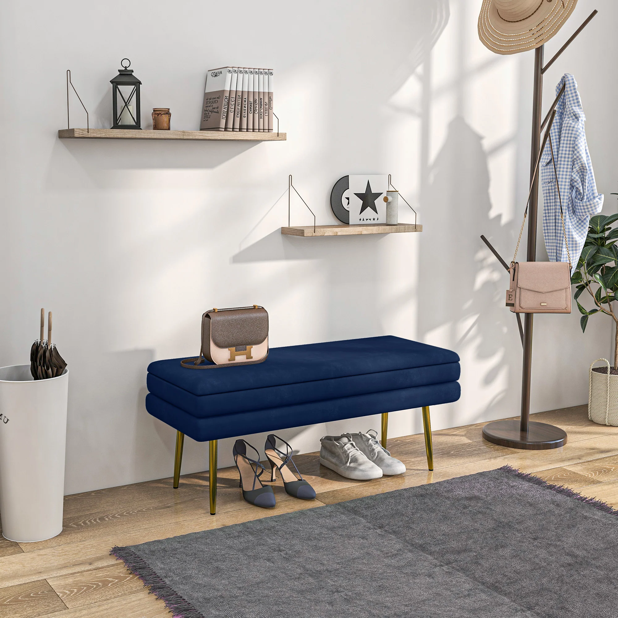 Banc de rangement, bout de lit, coffre de rangement avec assise aspect velours et pieds acier, 100 x 37,5 x 42 cm, bleu et doré - Image 3