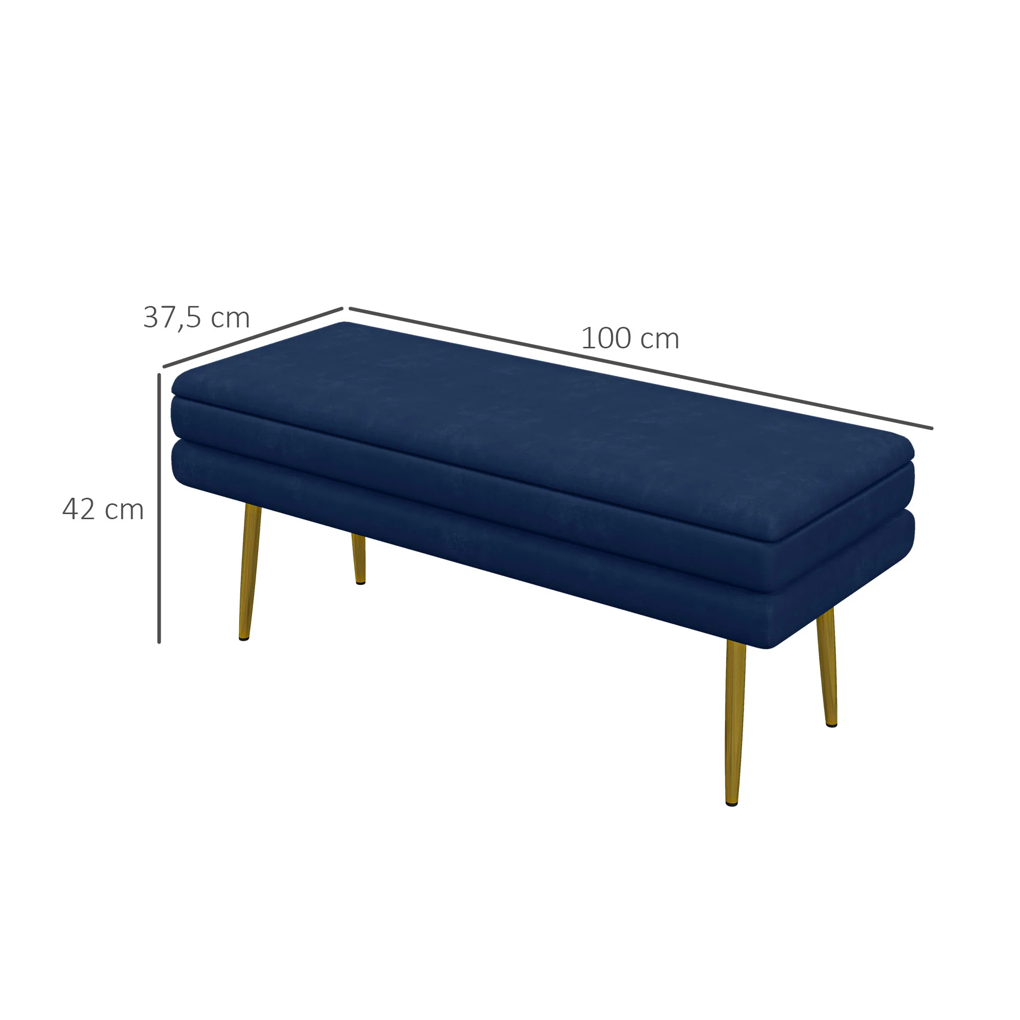 Banc de rangement, bout de lit, coffre de rangement avec assise aspect velours et pieds acier, 100 x 37,5 x 42 cm, bleu et doré - Image 4