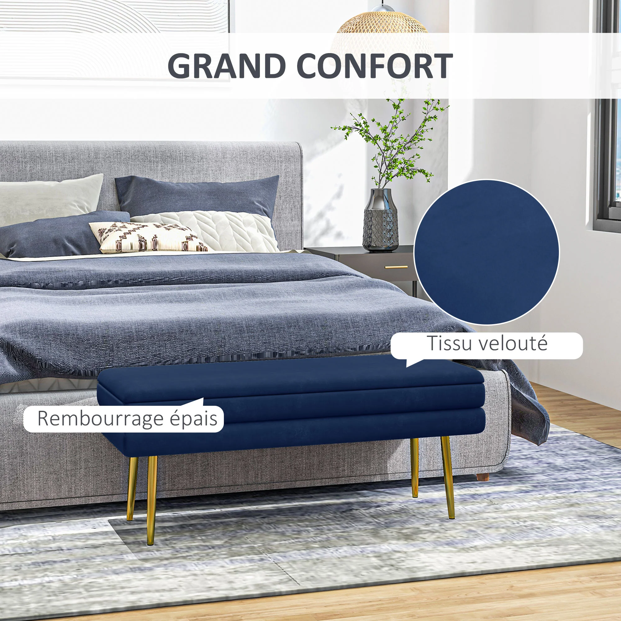 Banc de rangement, bout de lit, coffre de rangement avec assise aspect velours et pieds acier, 100 x 37,5 x 42 cm, bleu et doré - Image 5