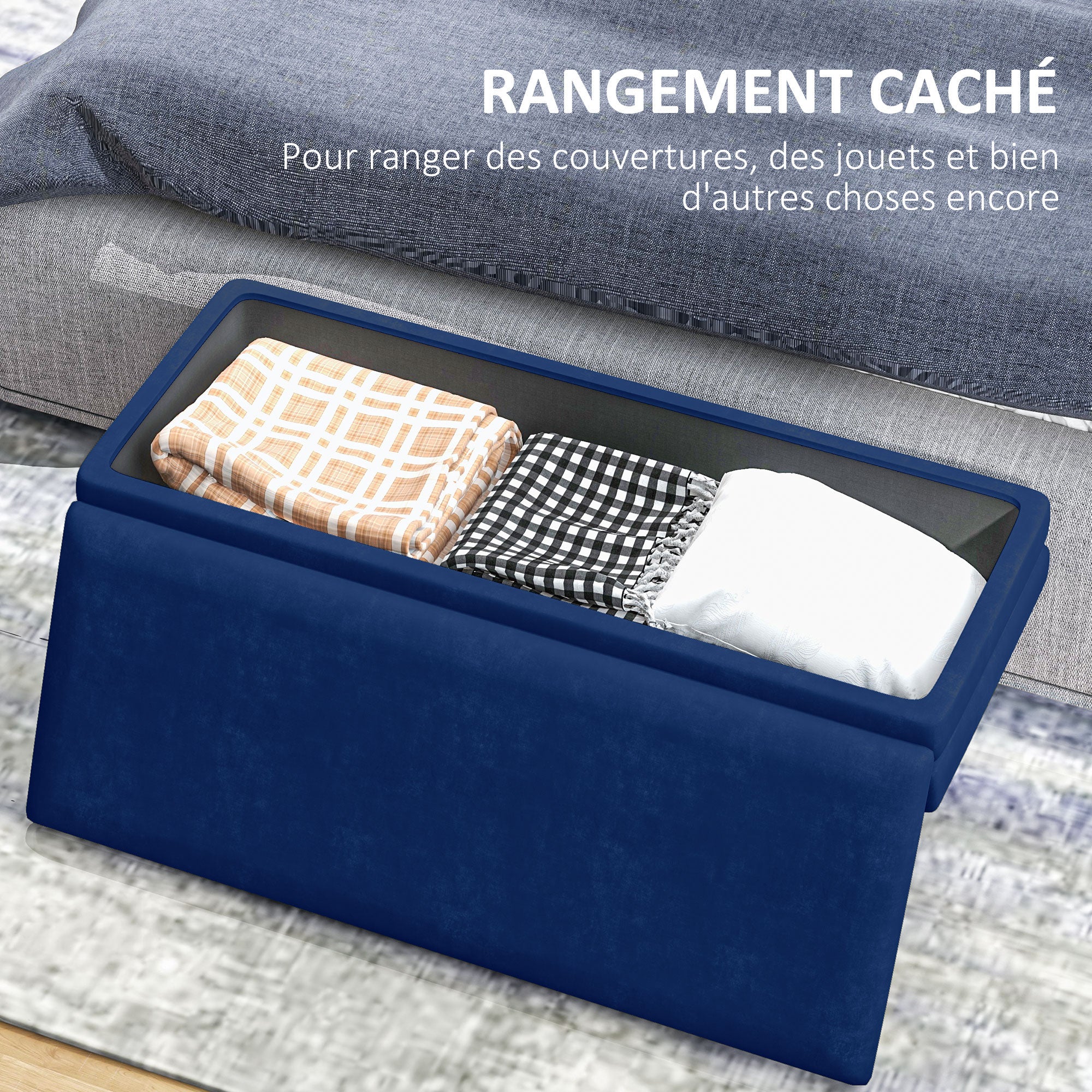 Banc de rangement, bout de lit, coffre de rangement avec assise aspect velours et pieds acier, 100 x 37,5 x 42 cm, bleu et doré - Image 6