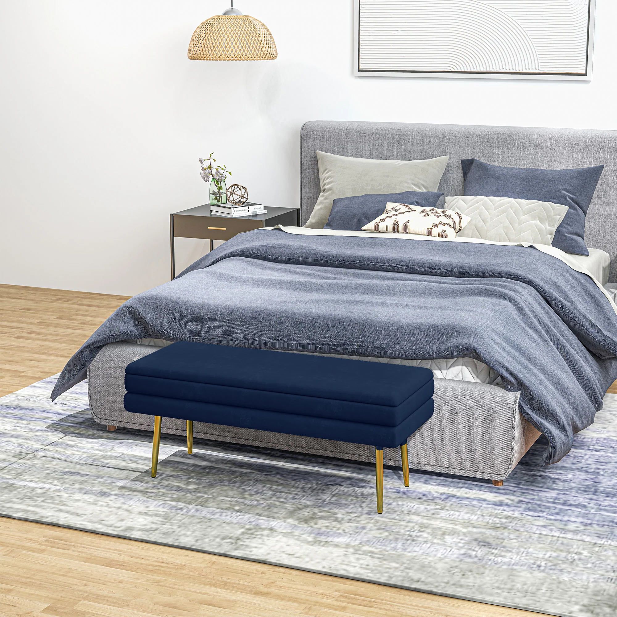 Banc de rangement, bout de lit, coffre de rangement avec assise aspect velours et pieds acier, 100 x 37,5 x 42 cm, bleu et doré - Image 8