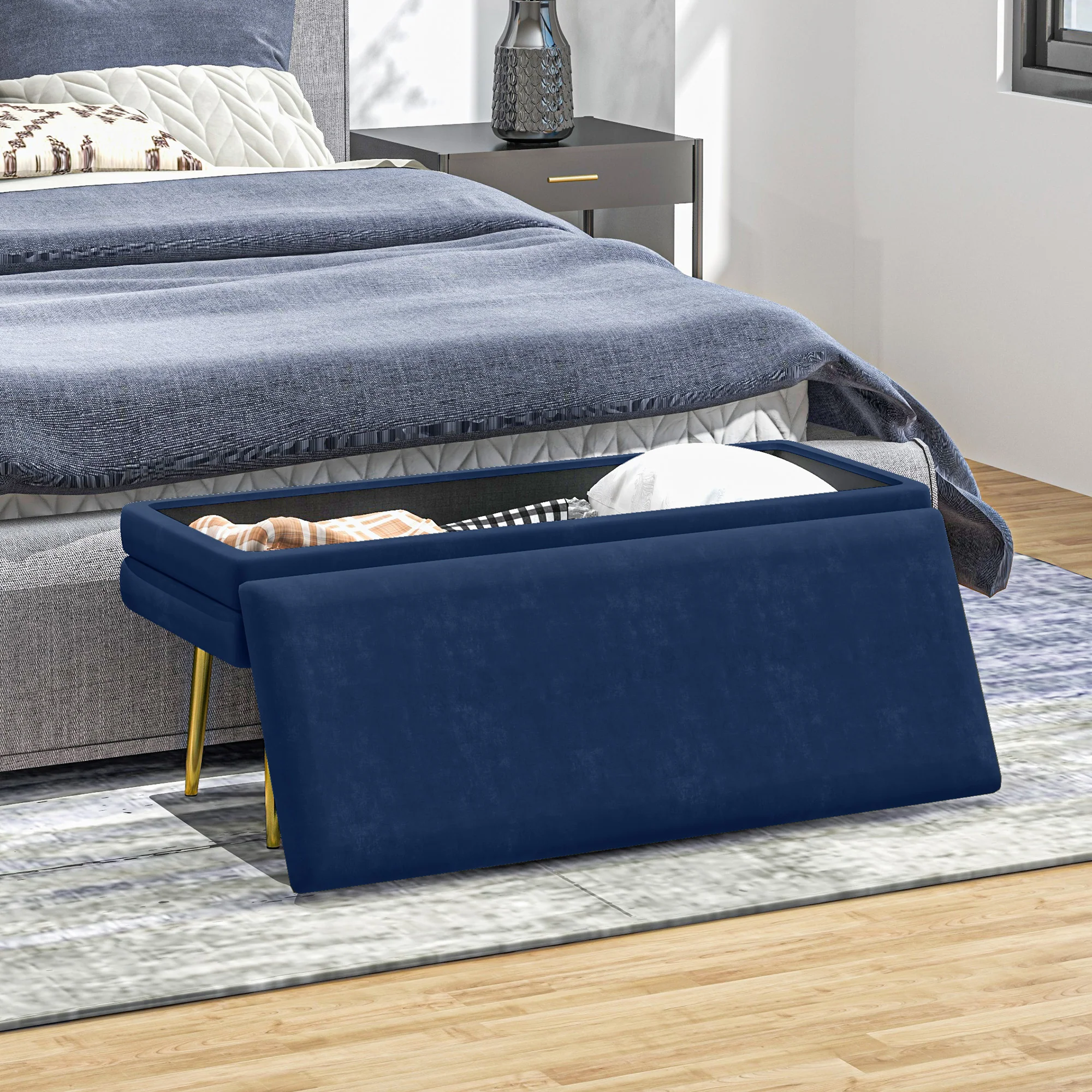Banc de rangement, bout de lit, coffre de rangement avec assise aspect velours et pieds acier, 100 x 37,5 x 42 cm, bleu et doré - Image 9