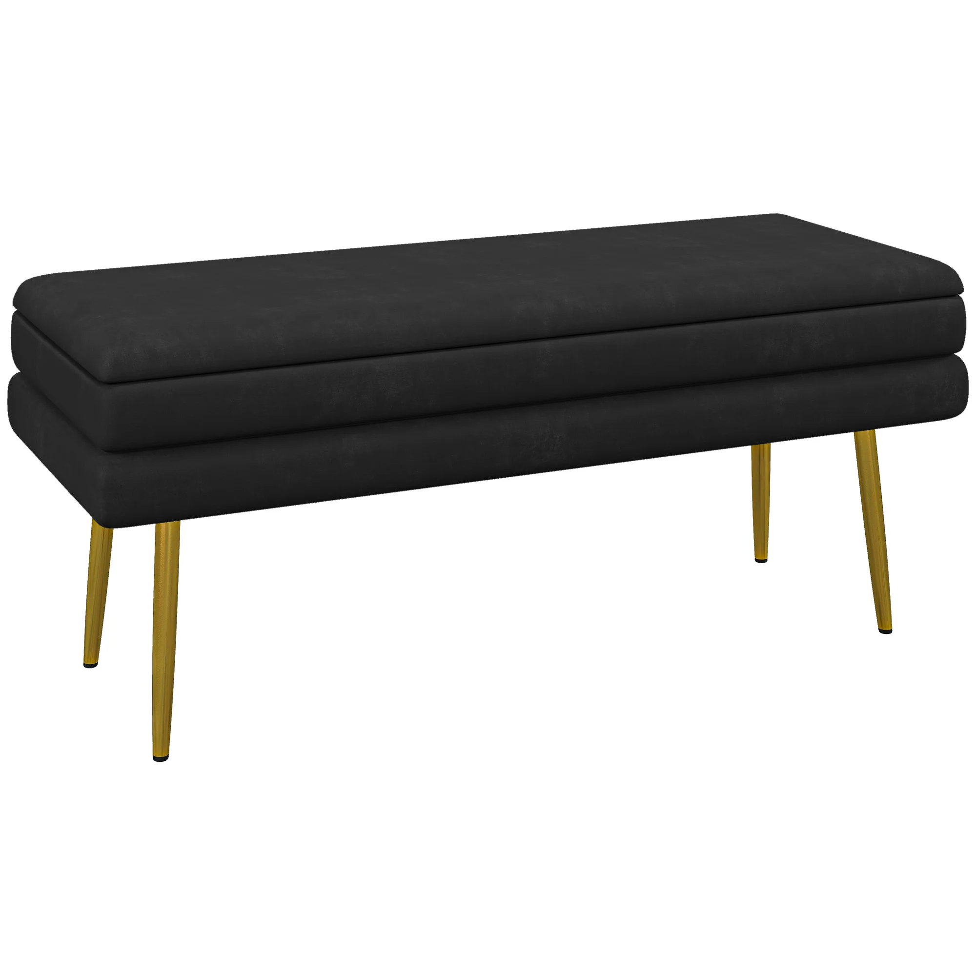 Banc de rangement, bout de lit, coffre de rangement avec assise aspect velours et pieds acier, 100 x 37,5 x 42 cm, noir et doré - Image 11