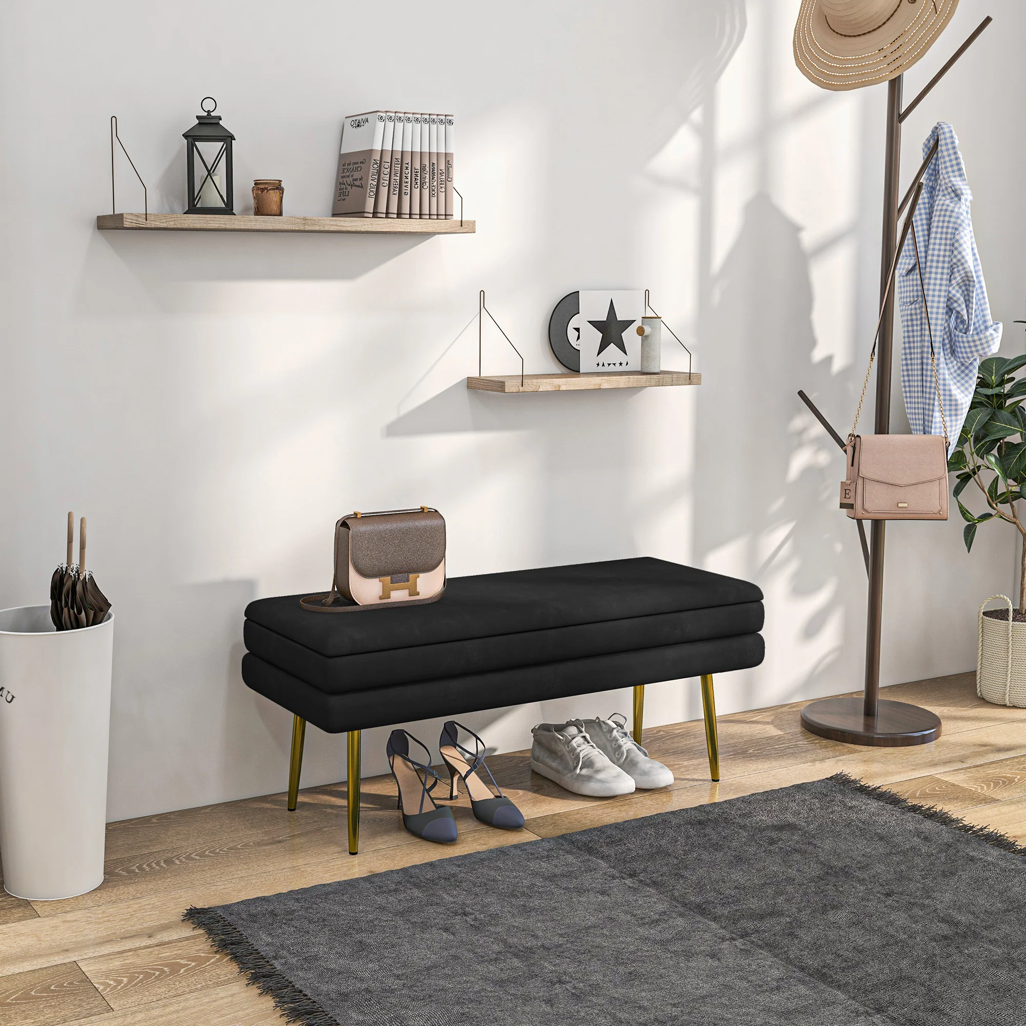 Banc de rangement, bout de lit, coffre de rangement avec assise aspect velours et pieds acier, 100 x 37,5 x 42 cm, noir et doré - Image 3