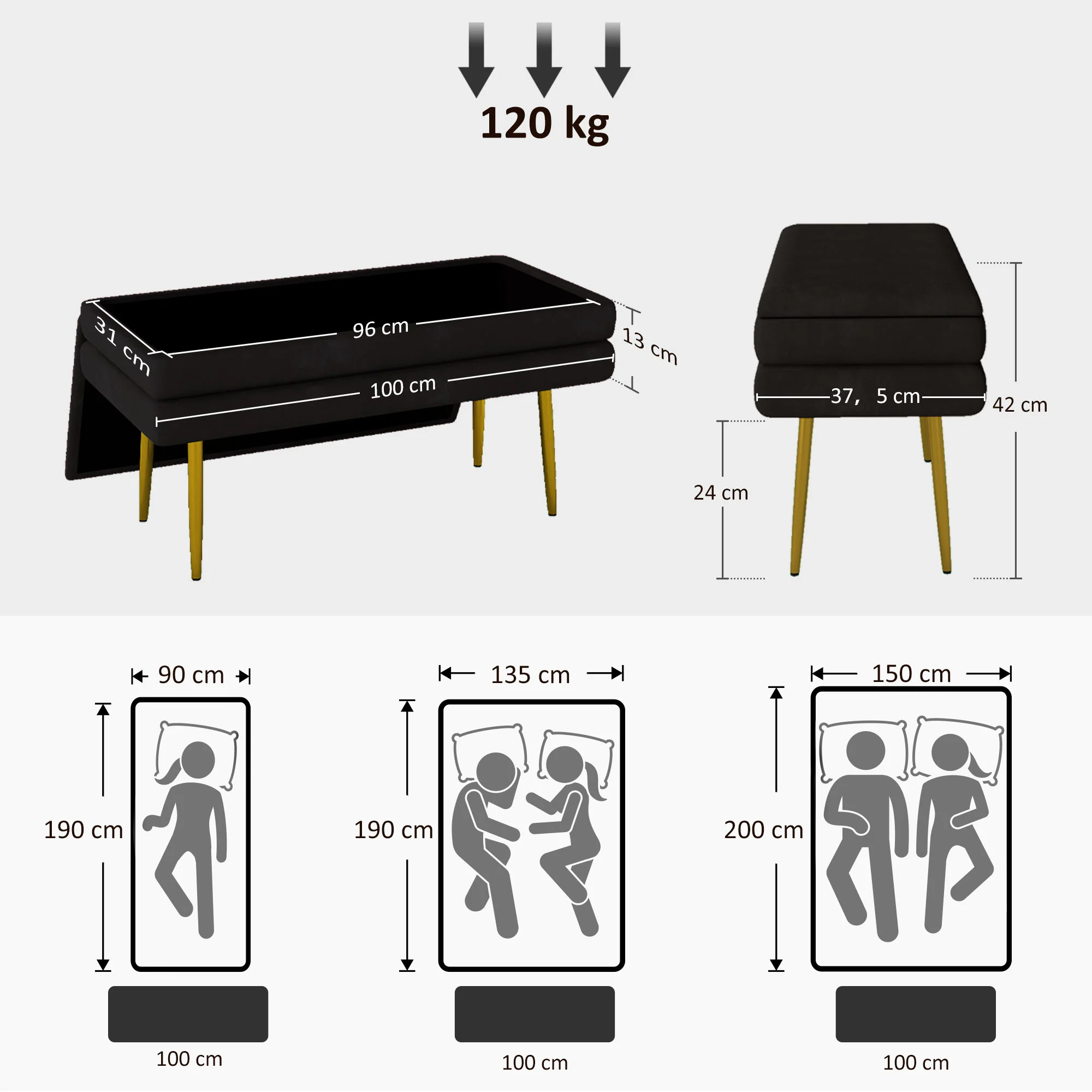 Banc de rangement, bout de lit, coffre de rangement avec assise aspect velours et pieds acier, 100 x 37,5 x 42 cm, noir et doré - Image 4