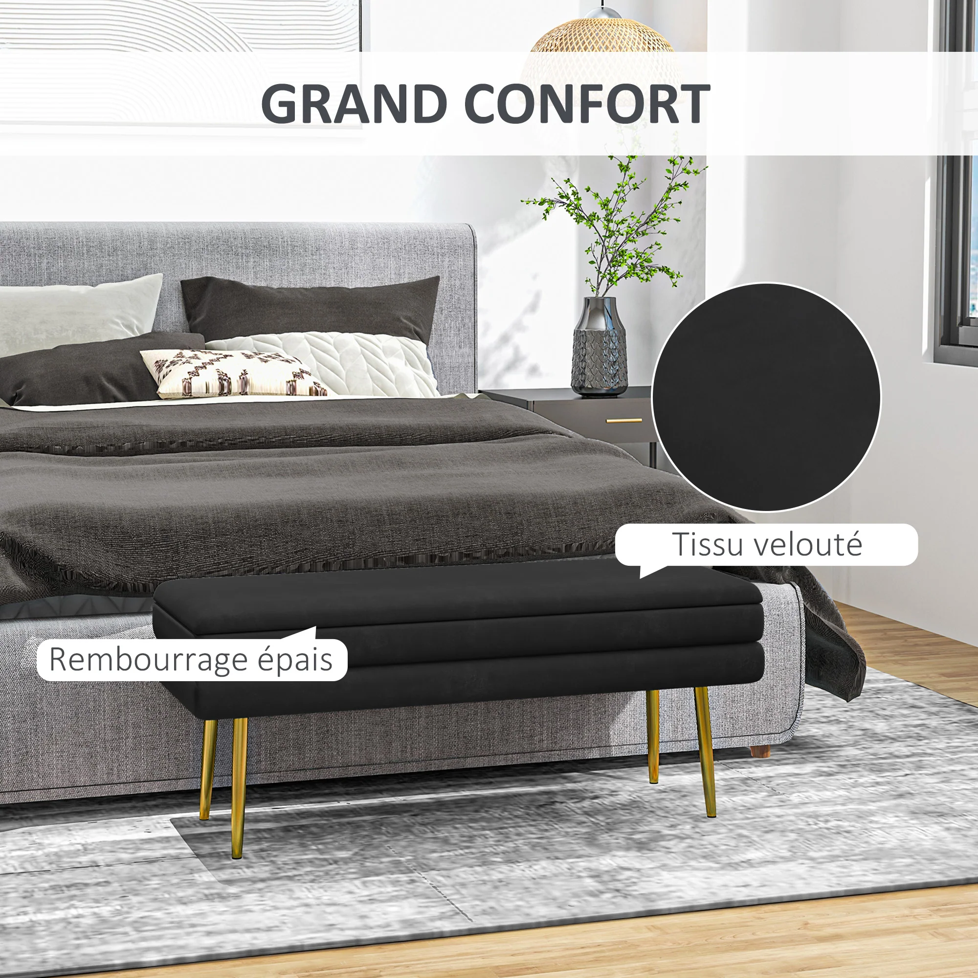 Banc de rangement, bout de lit, coffre de rangement avec assise aspect velours et pieds acier, 100 x 37,5 x 42 cm, noir et doré - Image 5