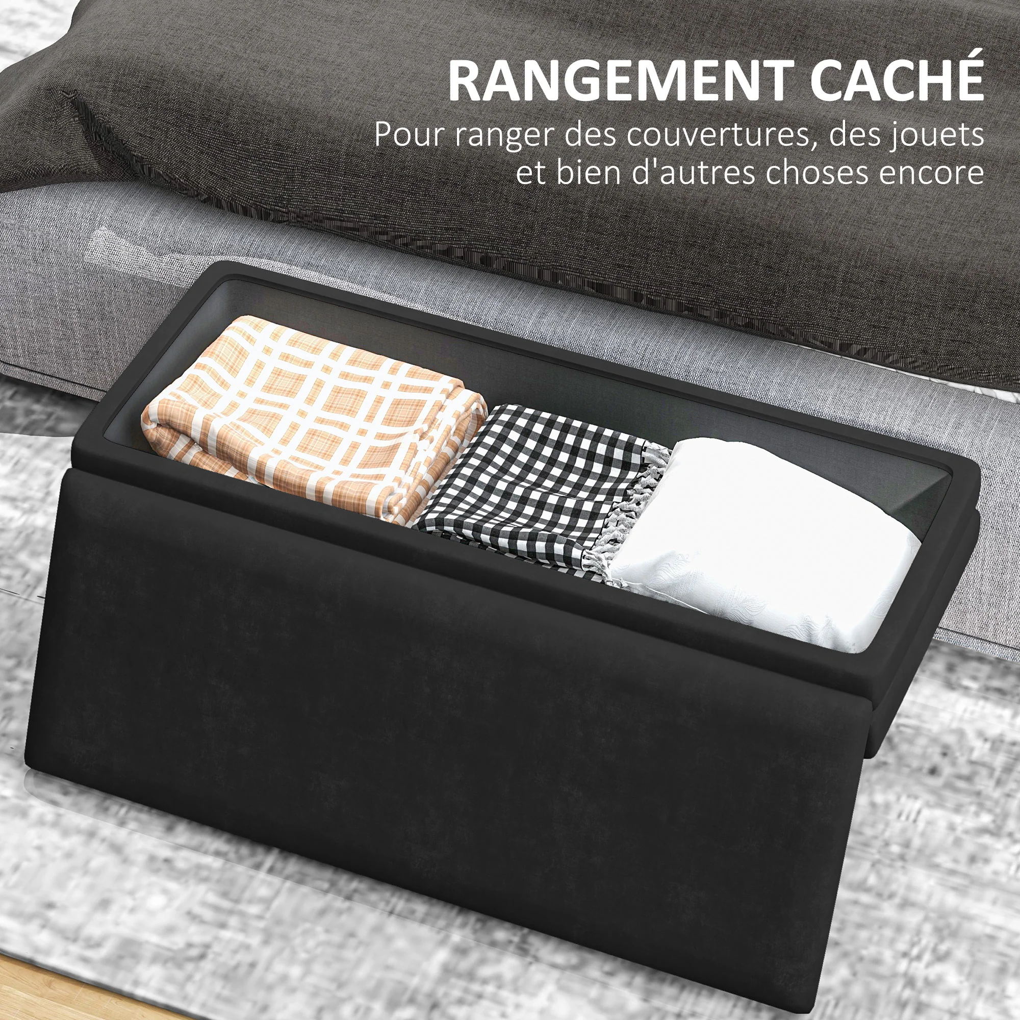 Banc de rangement, bout de lit, coffre de rangement avec assise aspect velours et pieds acier, 100 x 37,5 x 42 cm, noir et doré - Image 6