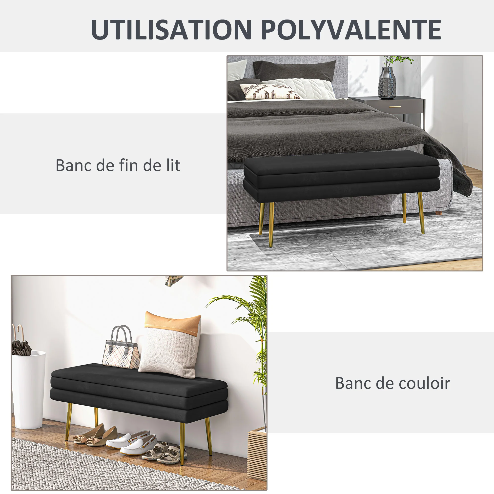 Banc de rangement, bout de lit, coffre de rangement avec assise aspect velours et pieds acier, 100 x 37,5 x 42 cm, noir et doré - Image 7