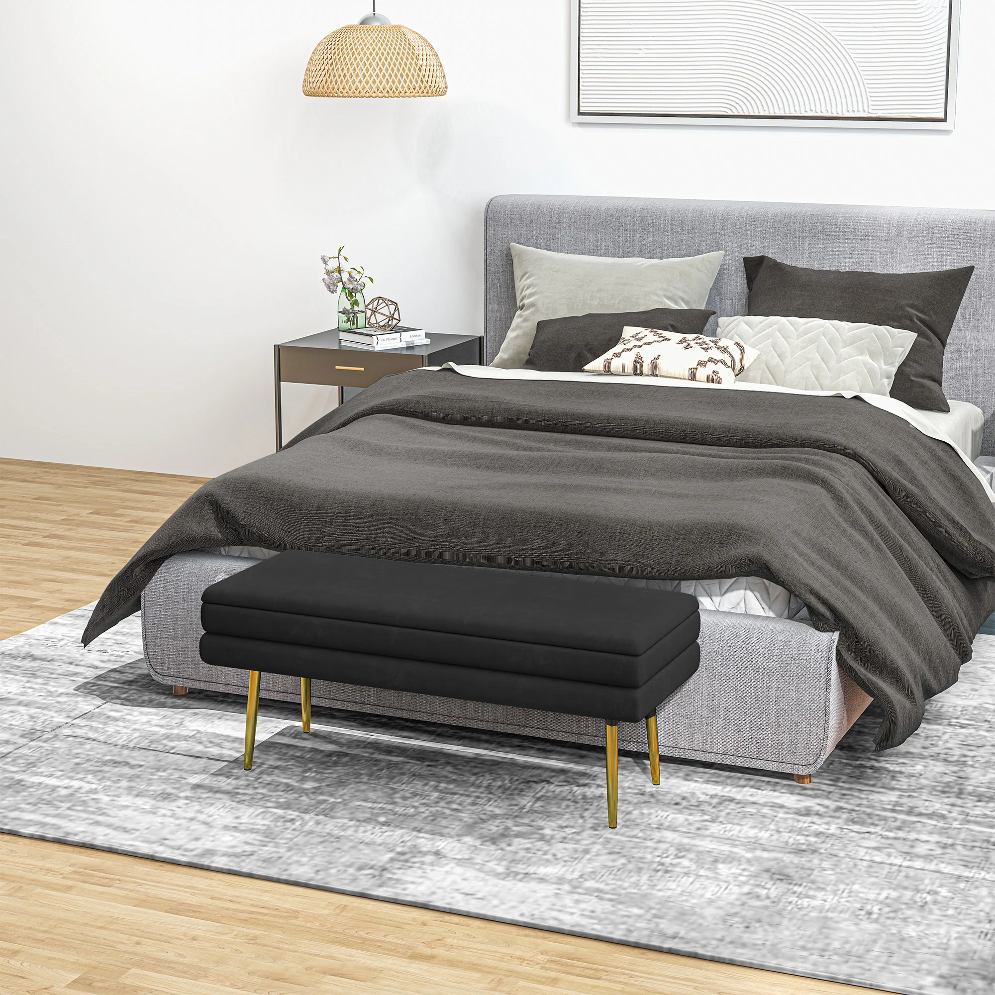 Banc de rangement, bout de lit, coffre de rangement avec assise aspect velours et pieds acier, 100 x 37,5 x 42 cm, noir et doré - Image 8