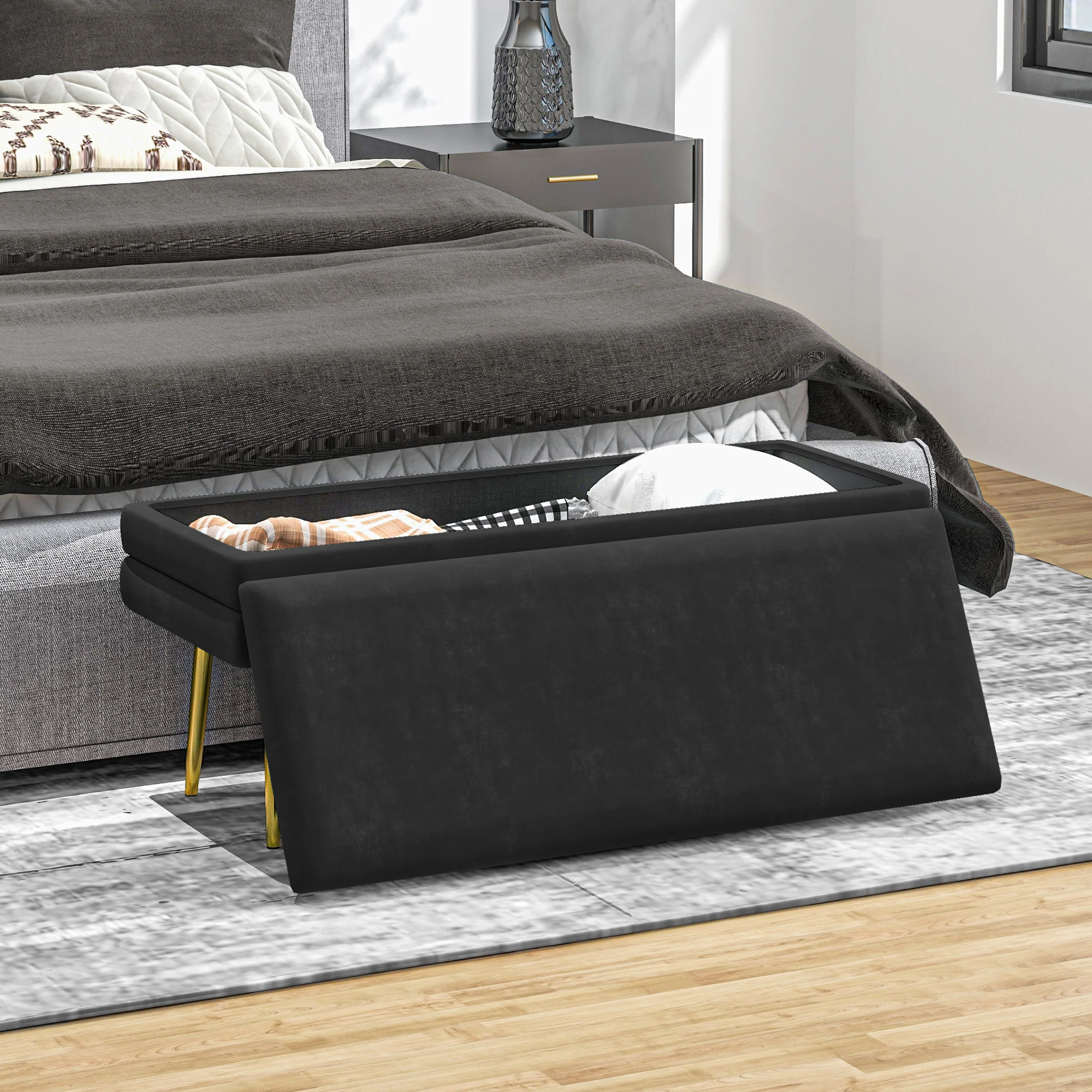 Banc de rangement, bout de lit, coffre de rangement avec assise aspect velours et pieds acier, 100 x 37,5 x 42 cm, noir et doré - Image 9