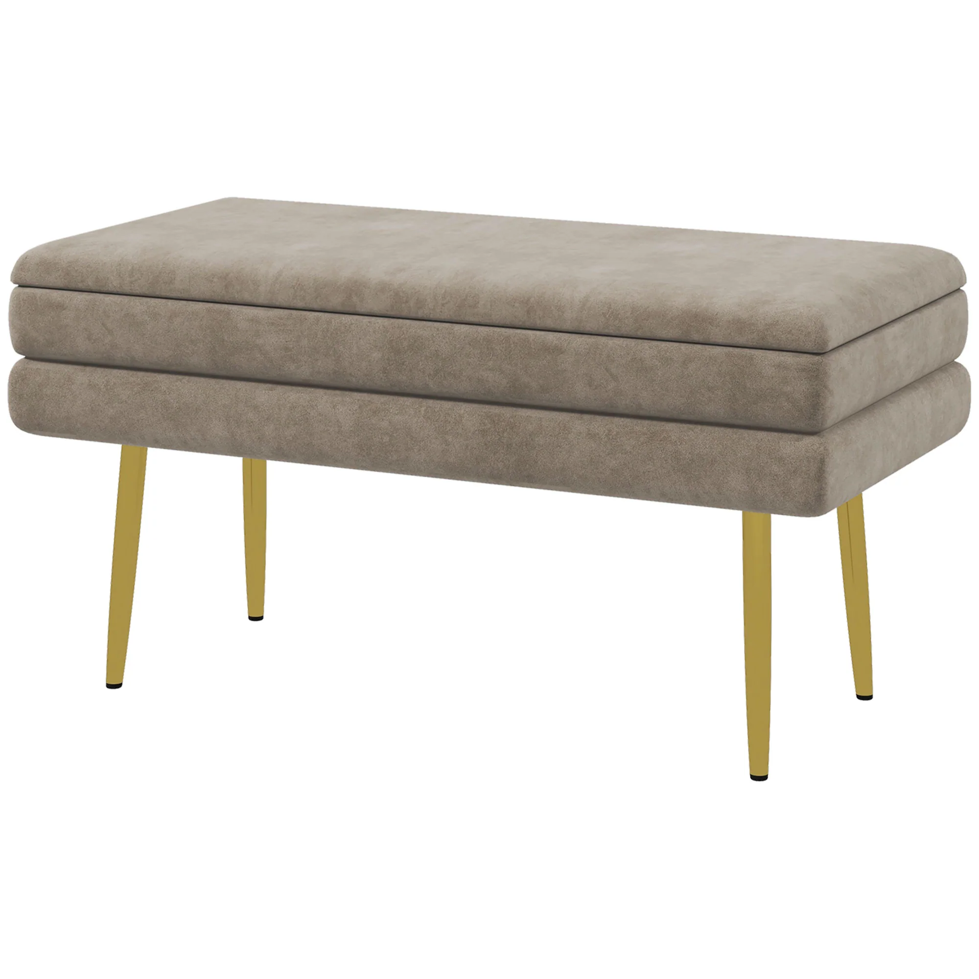 Banc de rangement, bout de lit, coffre de rangement avec assise aspect velours et pieds acier, 79,5 x 37,5 x 43 cm, beige et doré