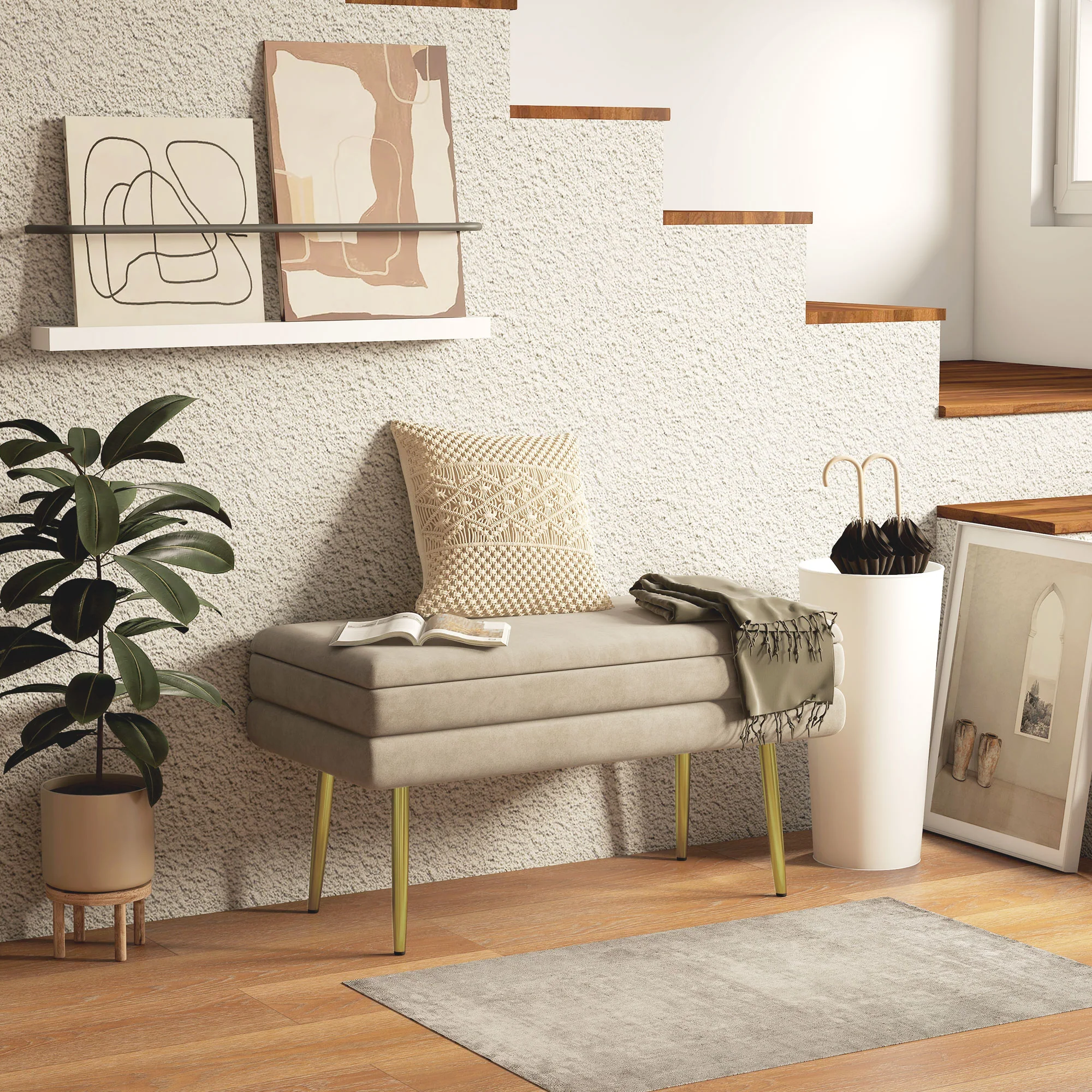 Banc de rangement, bout de lit, coffre de rangement avec assise aspect velours et pieds acier, 79,5 x 37,5 x 43 cm, beige et doré - Image 3