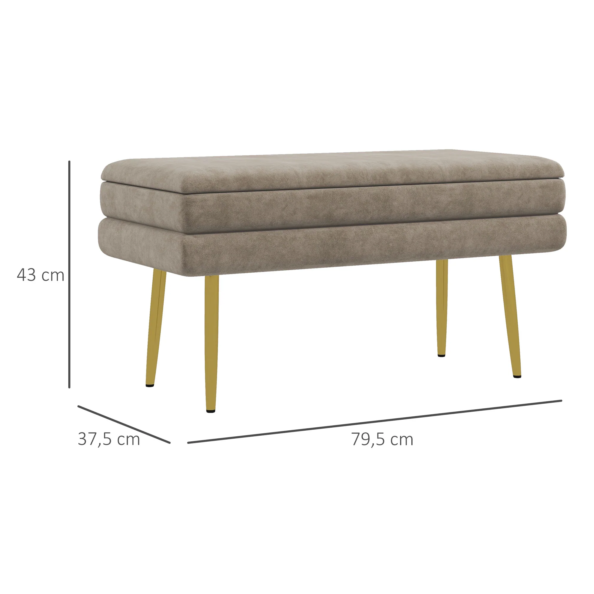 Banc de rangement, bout de lit, coffre de rangement avec assise aspect velours et pieds acier, 79,5 x 37,5 x 43 cm, beige et doré - Image 4