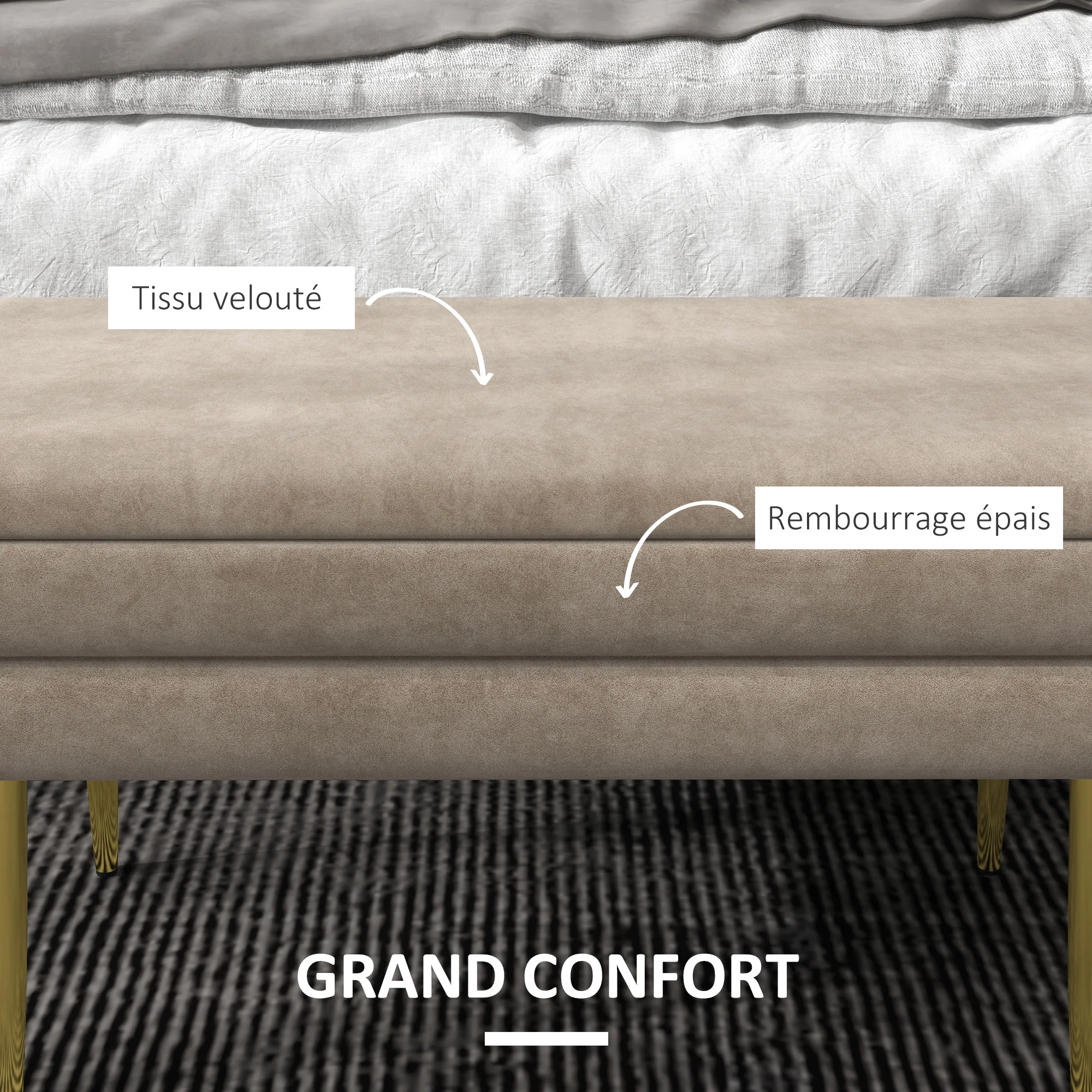 Banc de rangement, bout de lit, coffre de rangement avec assise aspect velours et pieds acier, 79,5 x 37,5 x 43 cm, beige et doré - Image 5