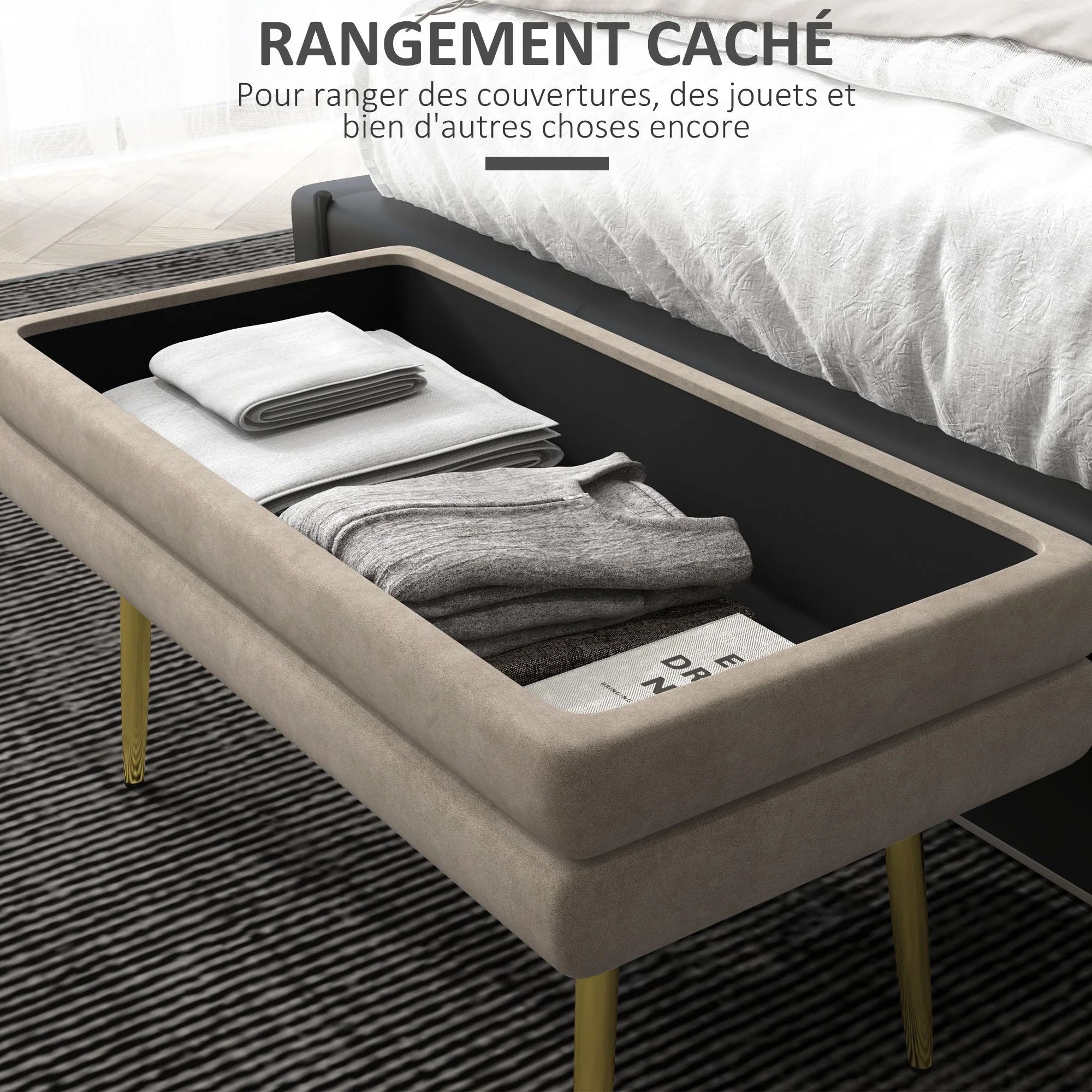 Banc de rangement, bout de lit, coffre de rangement avec assise aspect velours et pieds acier, 79,5 x 37,5 x 43 cm, beige et doré - Image 6