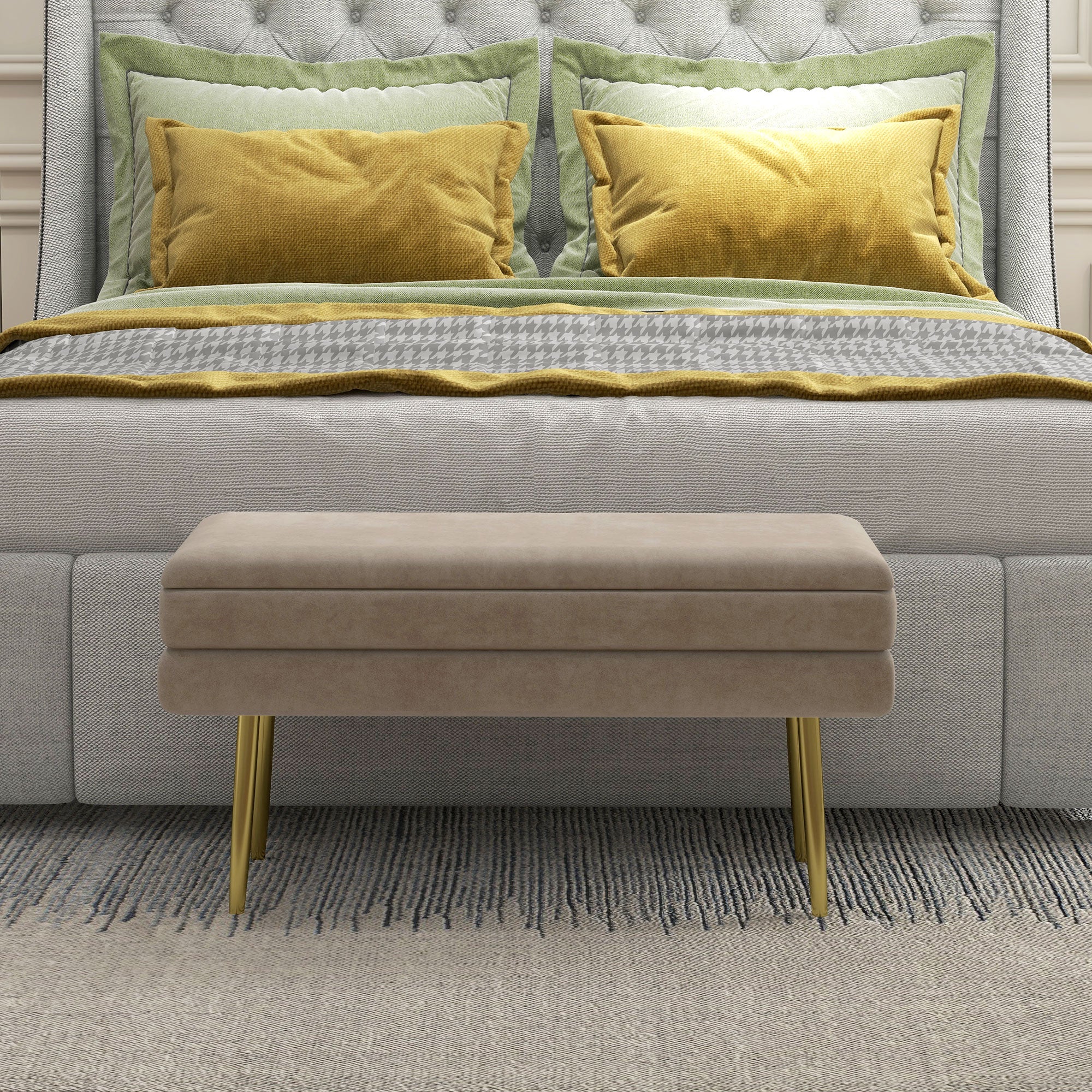 Banc de rangement, bout de lit, coffre de rangement avec assise aspect velours et pieds acier, 79,5 x 37,5 x 43 cm, beige et doré - Image 9