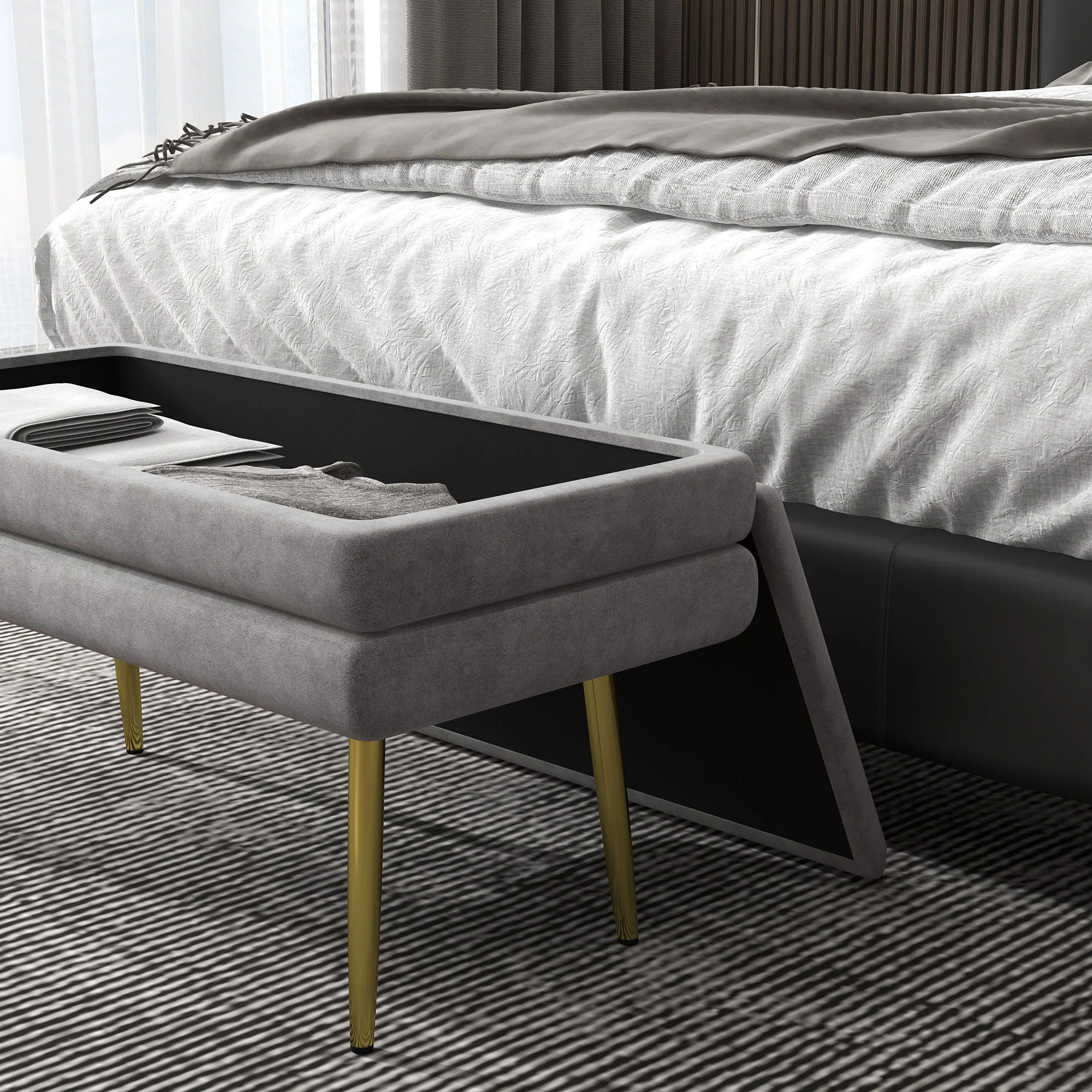 Banc de rangement, bout de lit, coffre de rangement avec assise aspect velours et pieds acier, 79,5 x 37,5 x 43 cm, gris et doré - Image 10