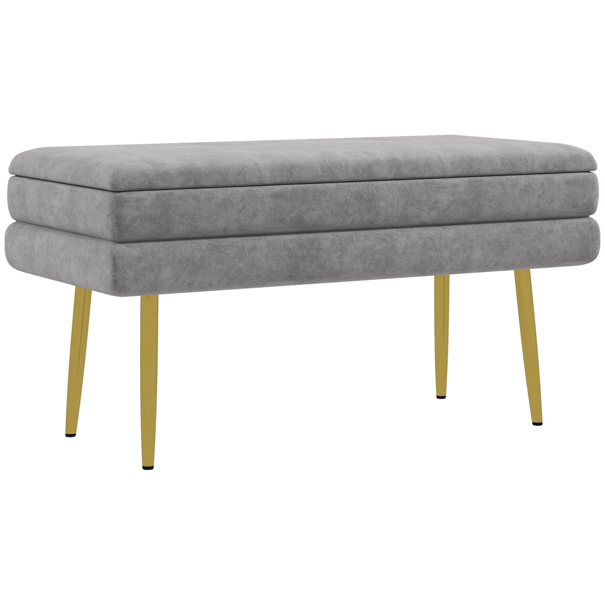 Banc de rangement, bout de lit, coffre de rangement avec assise aspect velours et pieds acier, 79,5 x 37,5 x 43 cm, gris et doré - Image 11