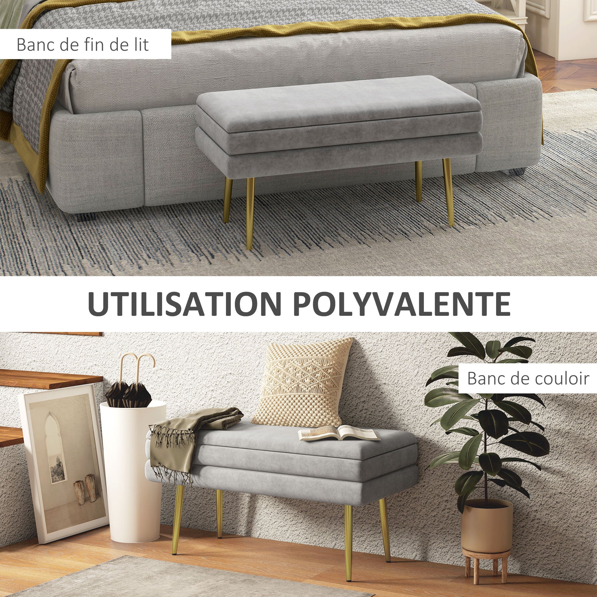 Banc de rangement, bout de lit, coffre de rangement avec assise aspect velours et pieds acier, 79,5 x 37,5 x 43 cm, gris et doré - Image 7