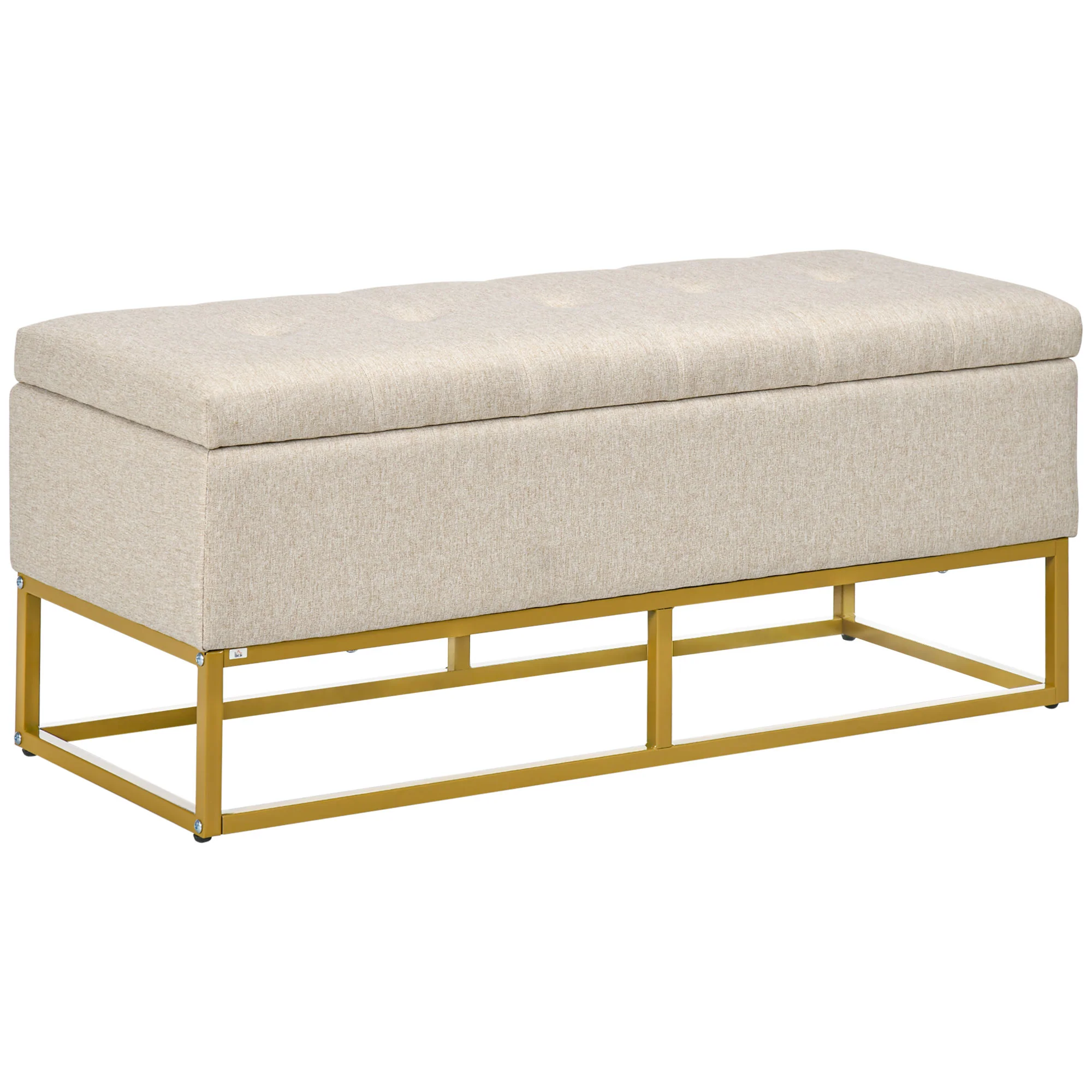 Banc de rangement, bout de lit, coffre de rangement avec assise capitonnée et pieds en acier, 110 x 44 x 48 cm, beige et doré - Image 2