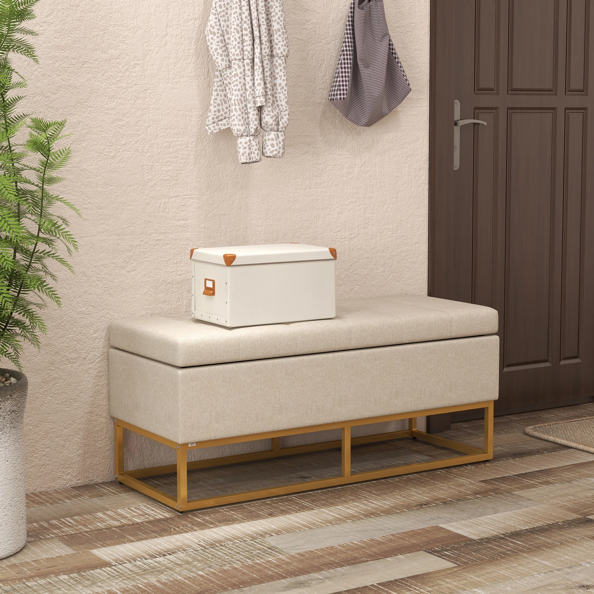 Banc de rangement, bout de lit, coffre de rangement avec assise capitonnée et pieds en acier, 110 x 44 x 48 cm, beige et doré - Image 3