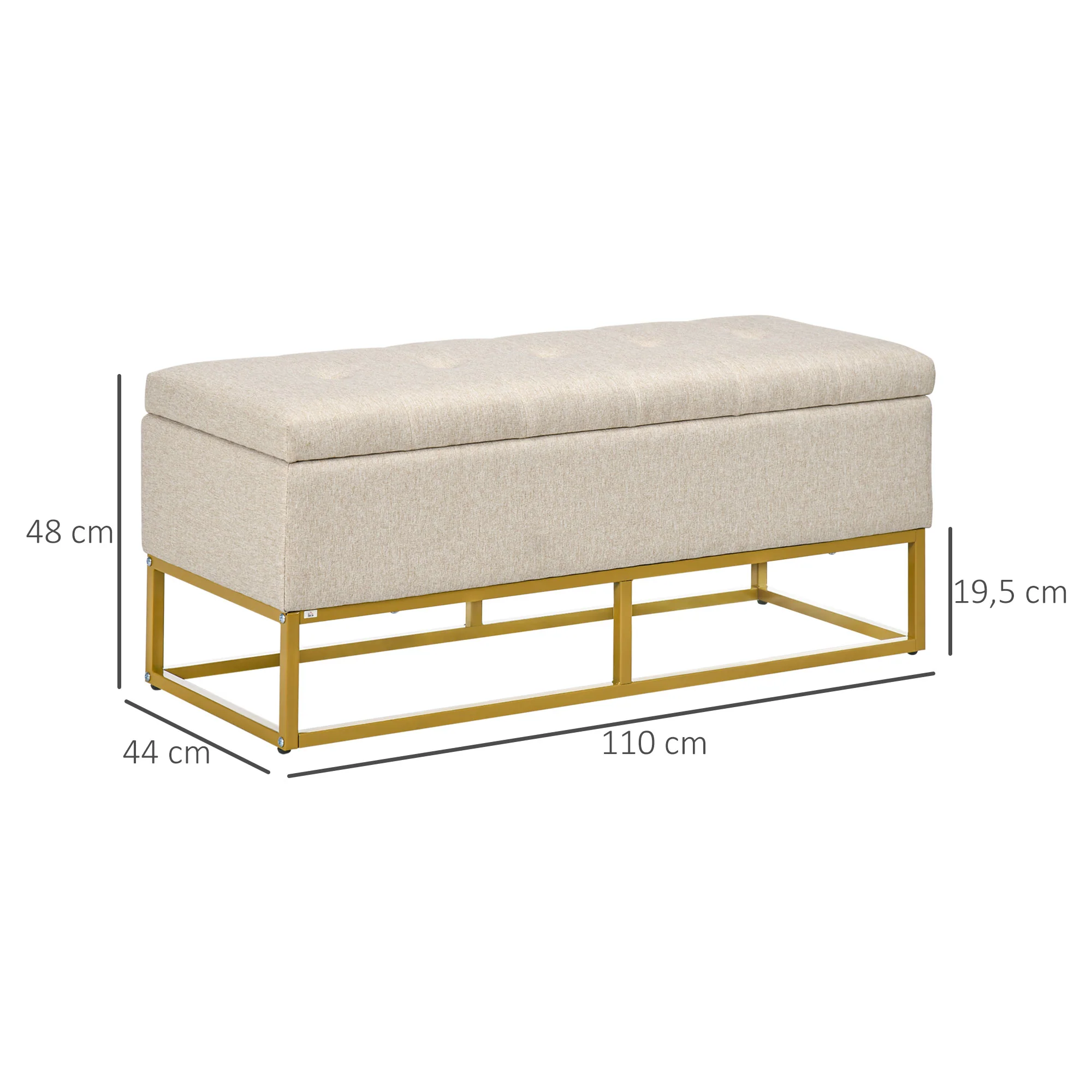 Banc de rangement, bout de lit, coffre de rangement avec assise capitonnée et pieds en acier, 110 x 44 x 48 cm, beige et doré - Image 4