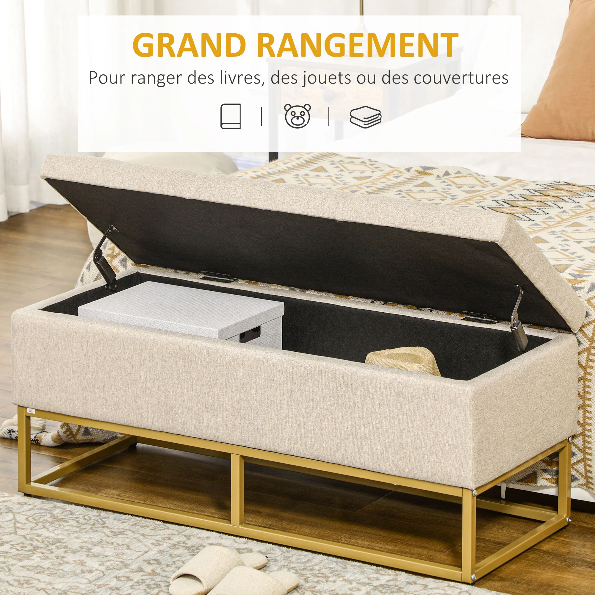 Banc de rangement, bout de lit, coffre de rangement avec assise capitonnée et pieds en acier, 110 x 44 x 48 cm, beige et doré - Image 5