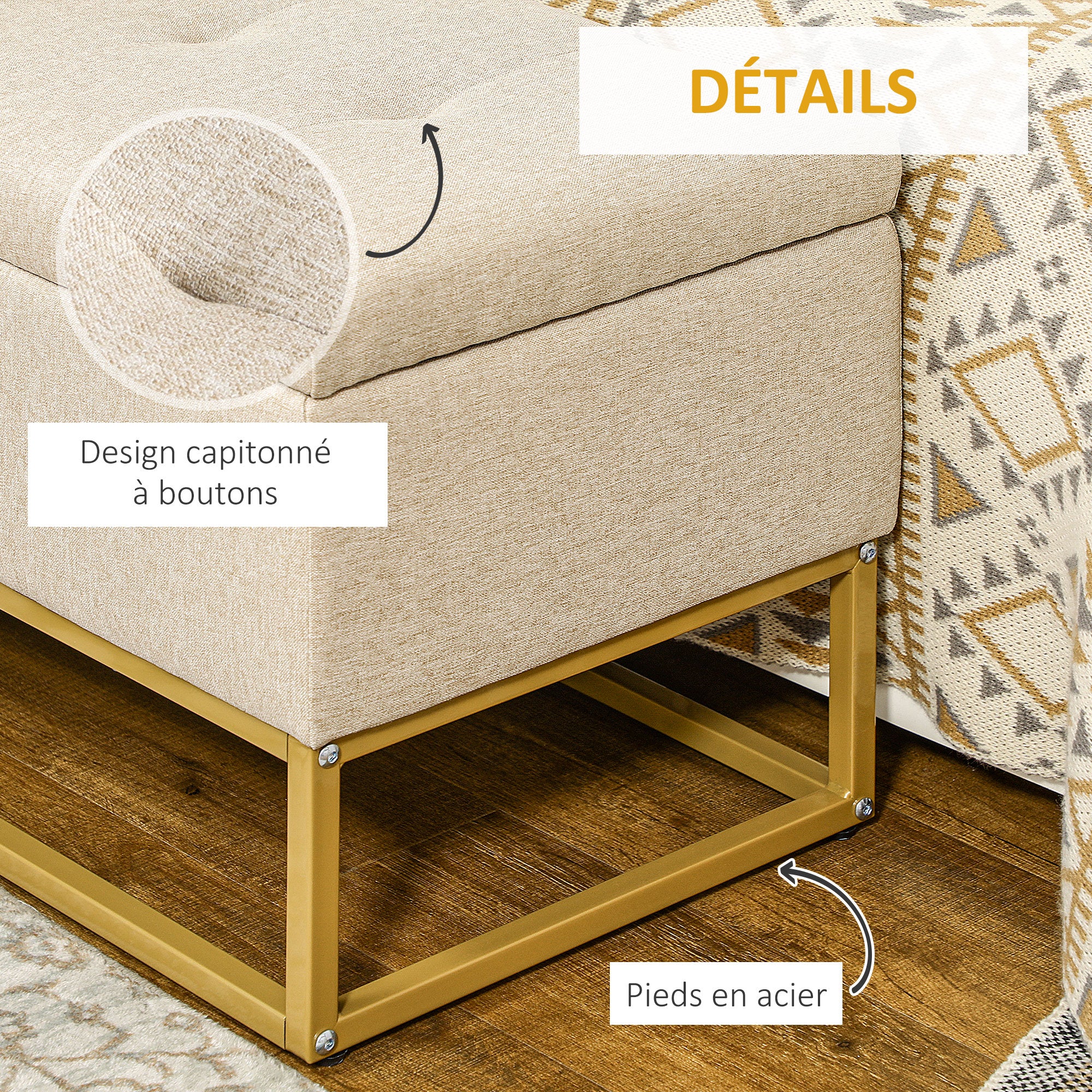 Banc de rangement, bout de lit, coffre de rangement avec assise capitonnée et pieds en acier, 110 x 44 x 48 cm, beige et doré - Image 7