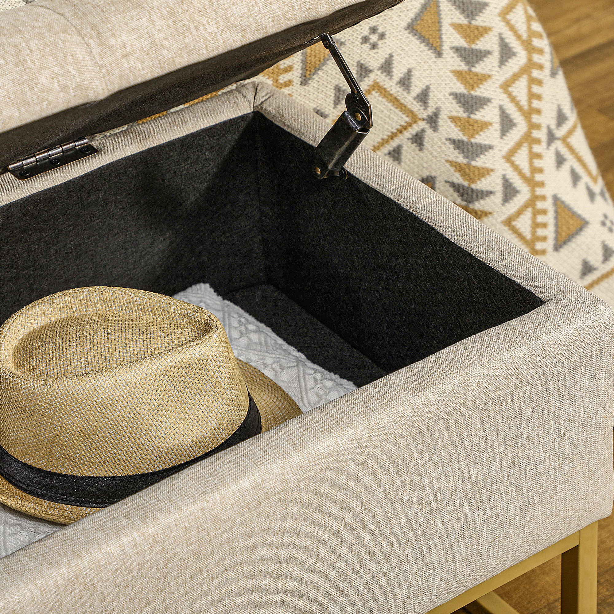 Banc de rangement, bout de lit, coffre de rangement avec assise capitonnée et pieds en acier, 110 x 44 x 48 cm, beige et doré - Image 8