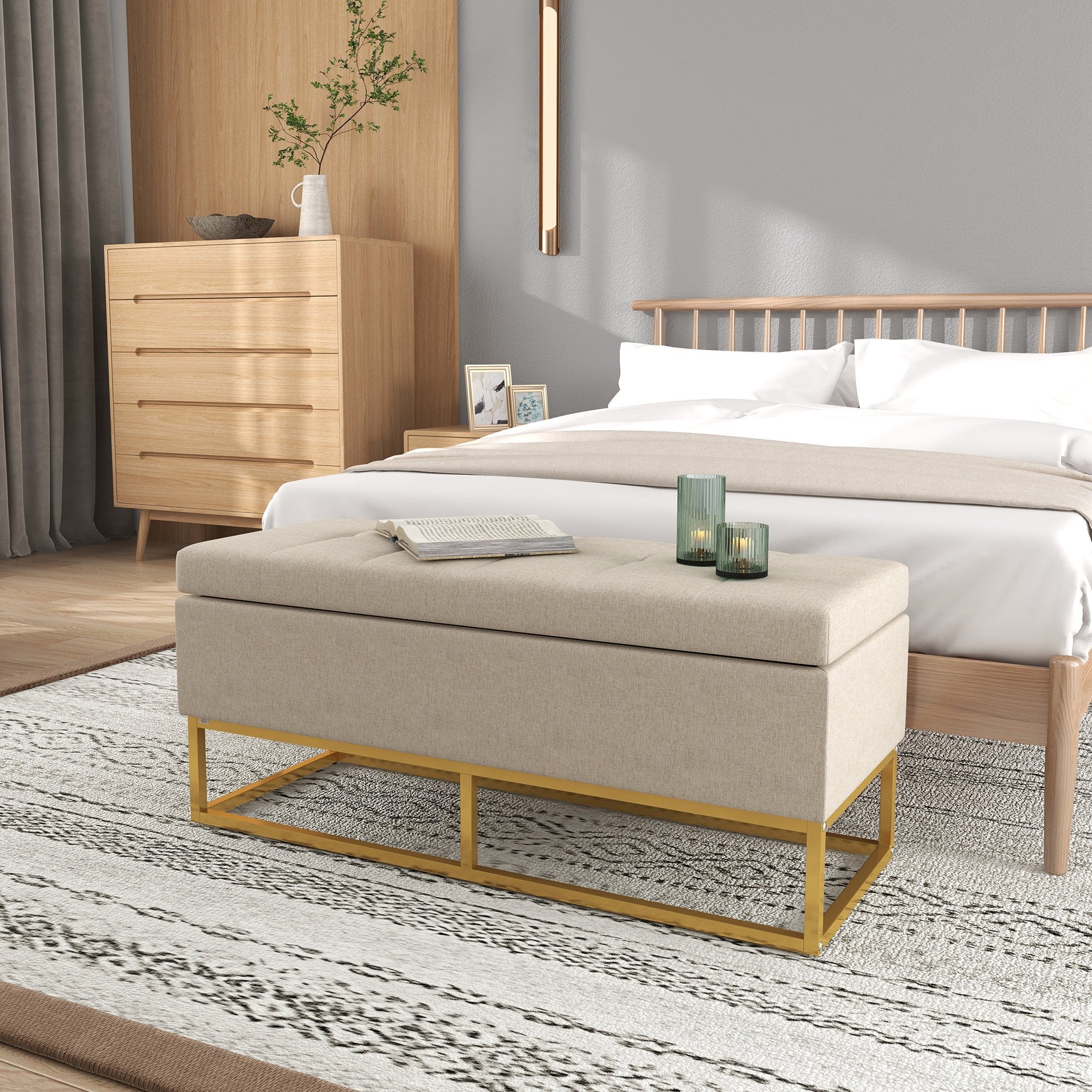 Banc de rangement, bout de lit, coffre de rangement avec assise capitonnée et pieds en acier, 110 x 44 x 48 cm, beige et doré - Image 9