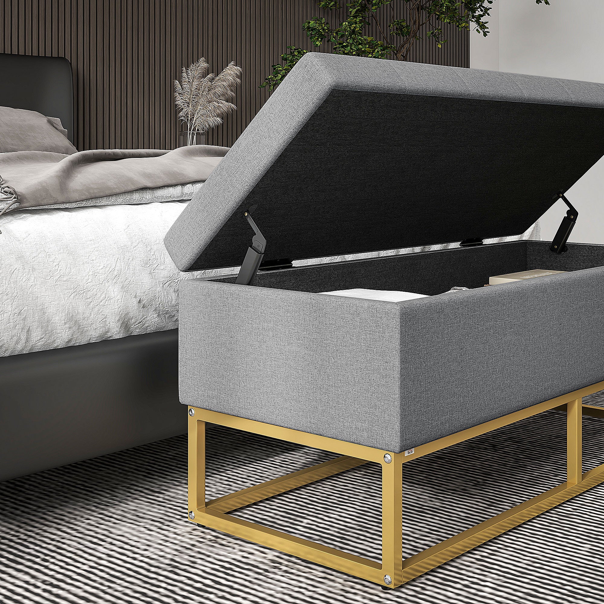 Banc de rangement, bout de lit, coffre de rangement avec assise capitonnée et pieds en acier, 110 x 44 x 48 cm, gris et doré - Image 10