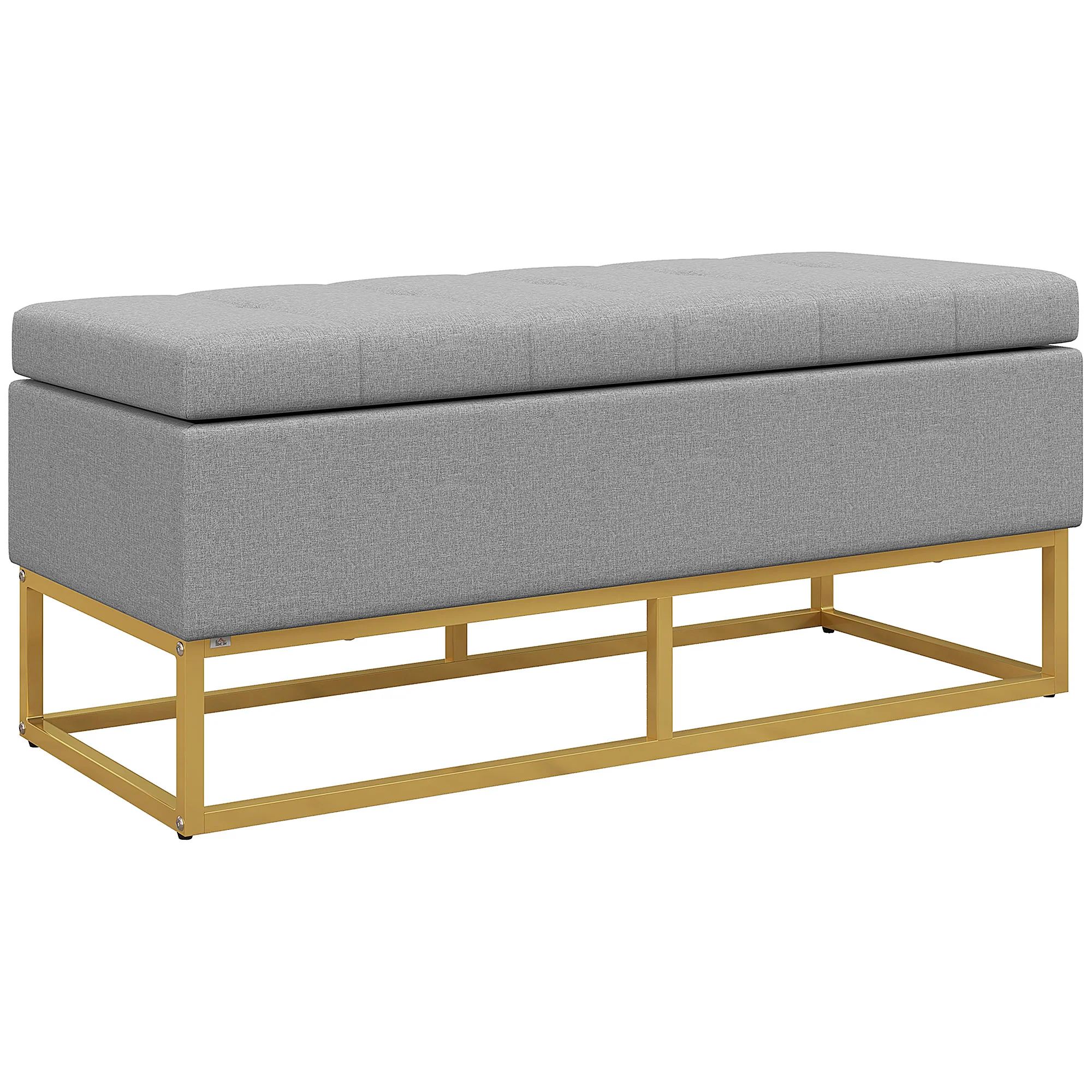 Banc de rangement, bout de lit, coffre de rangement avec assise capitonnée et pieds en acier, 110 x 44 x 48 cm, gris et doré - Image 11