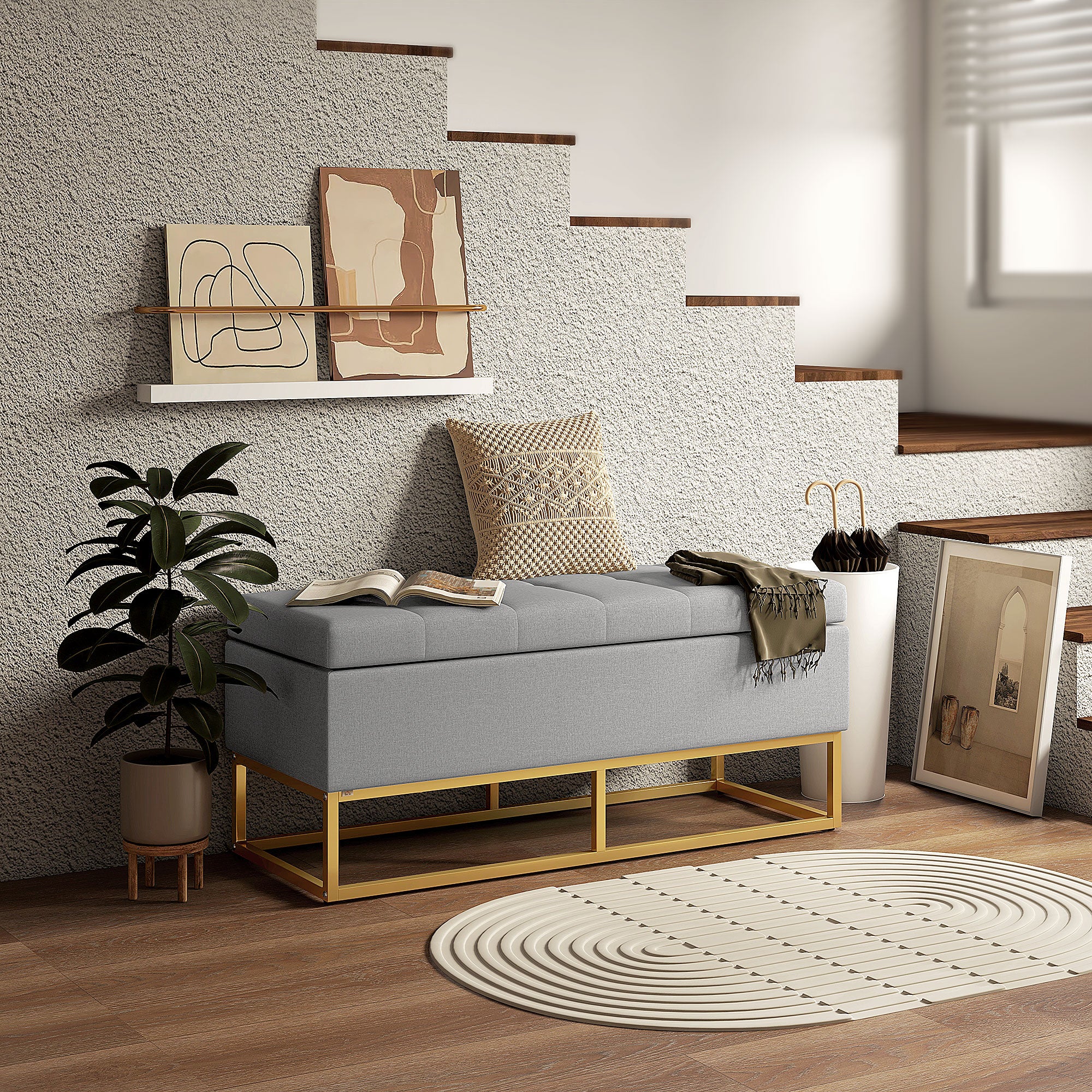 Banc de rangement, bout de lit, coffre de rangement avec assise capitonnée et pieds en acier, 110 x 44 x 48 cm, gris et doré - Image 3