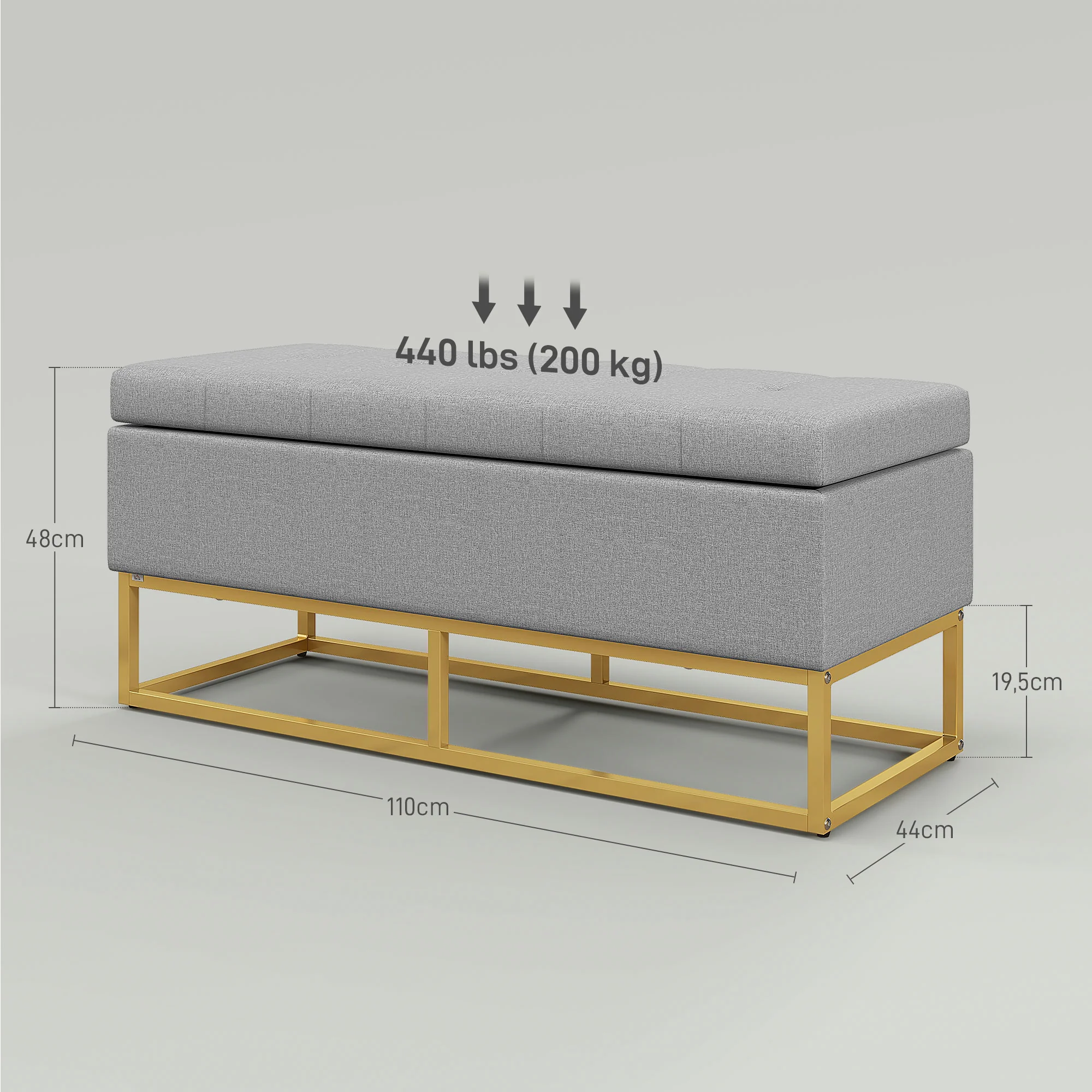 Banc de rangement, bout de lit, coffre de rangement avec assise capitonnée et pieds en acier, 110 x 44 x 48 cm, gris et doré - Image 4