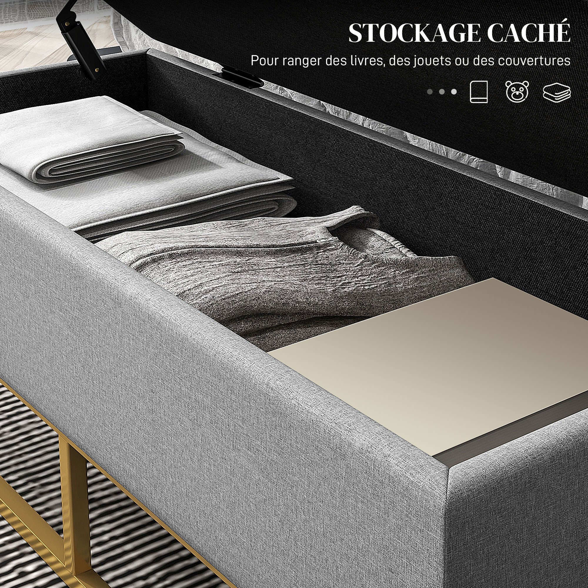 Banc de rangement, bout de lit, coffre de rangement avec assise capitonnée et pieds en acier, 110 x 44 x 48 cm, gris et doré - Image 5