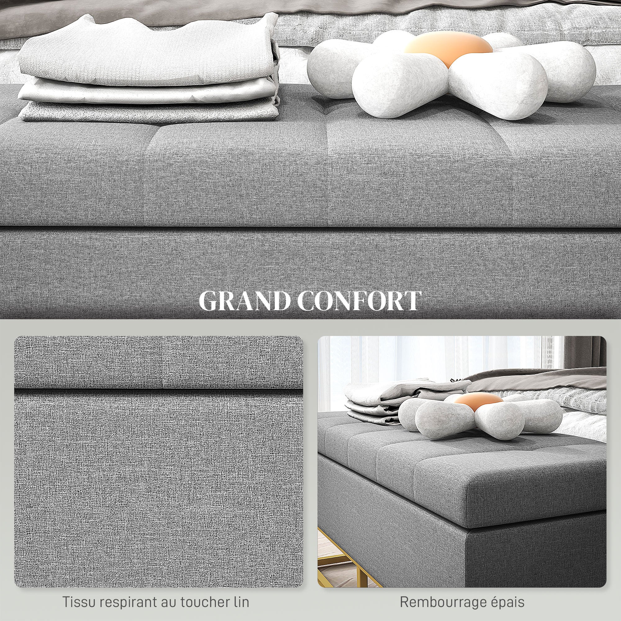 Banc de rangement, bout de lit, coffre de rangement avec assise capitonnée et pieds en acier, 110 x 44 x 48 cm, gris et doré - Image 6