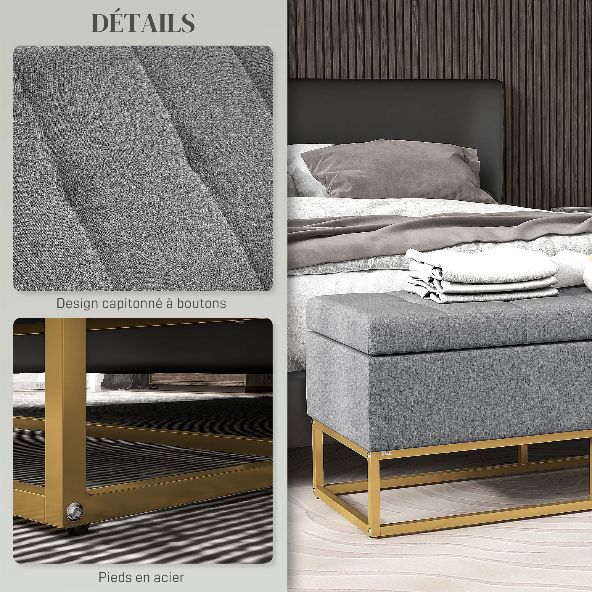 Banc de rangement, bout de lit, coffre de rangement avec assise capitonnée et pieds en acier, 110 x 44 x 48 cm, gris et doré - Image 7