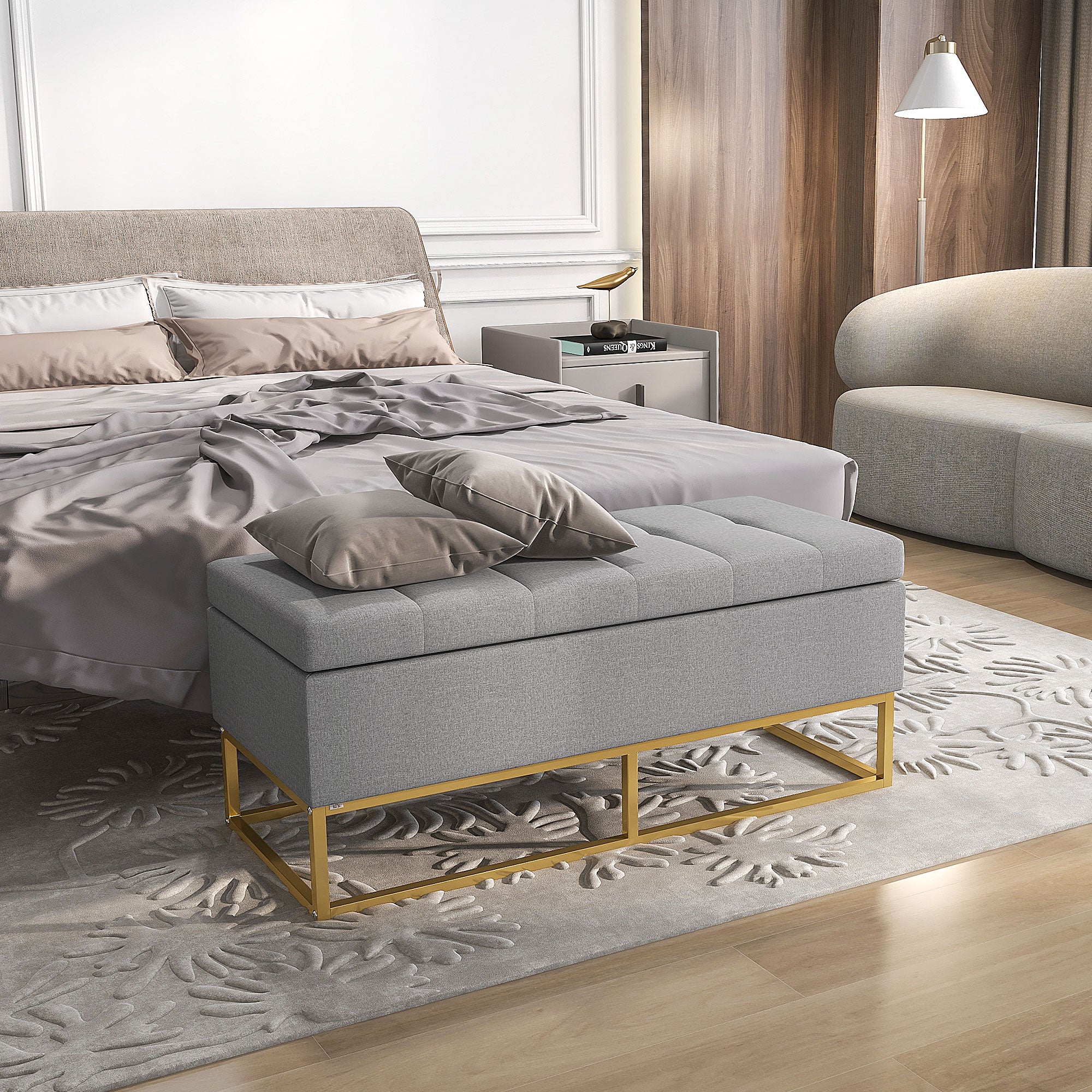 Banc de rangement, bout de lit, coffre de rangement avec assise capitonnée et pieds en acier, 110 x 44 x 48 cm, gris et doré - Image 8