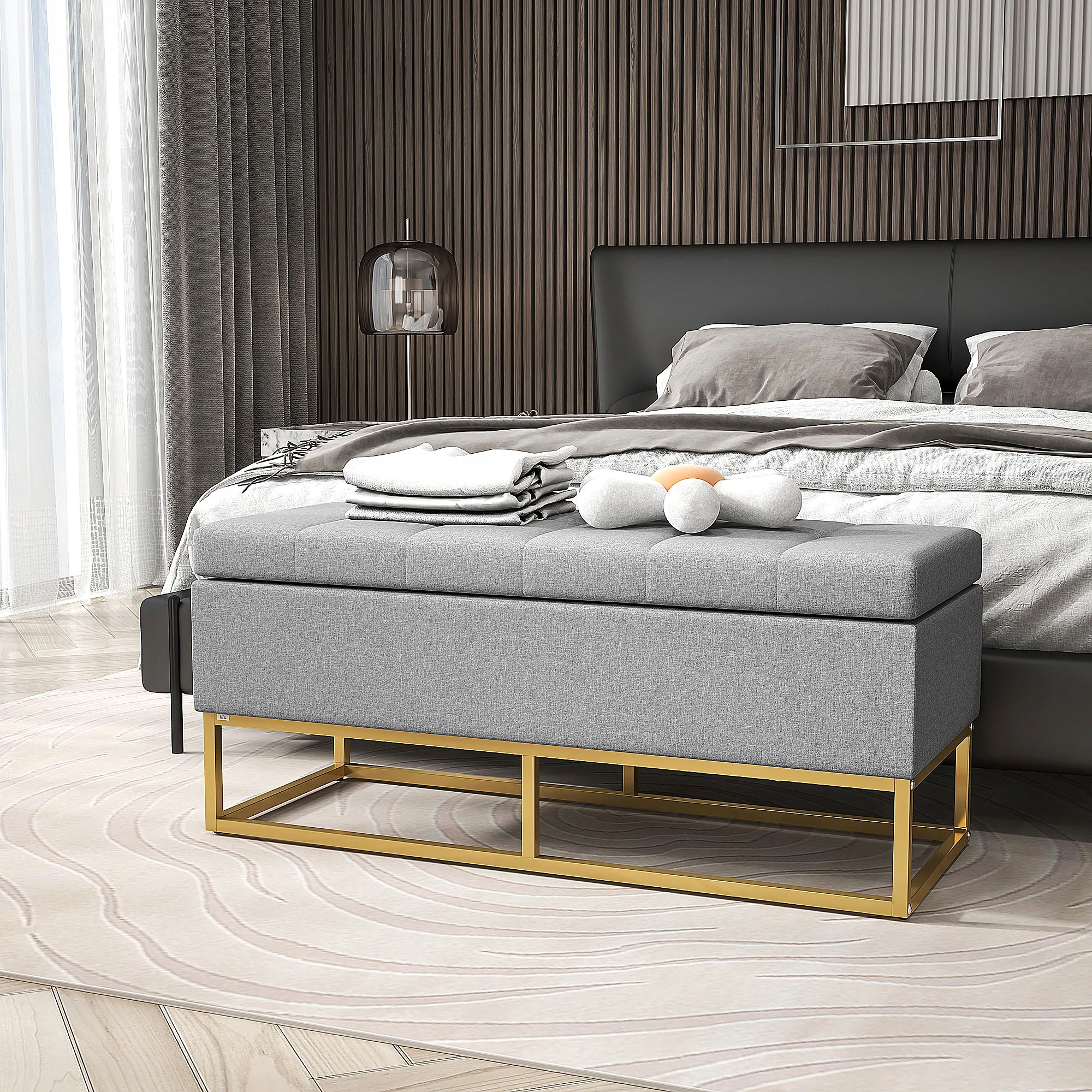 Banc de rangement, bout de lit, coffre de rangement avec assise capitonnée et pieds en acier, 110 x 44 x 48 cm, gris et doré - Image 9