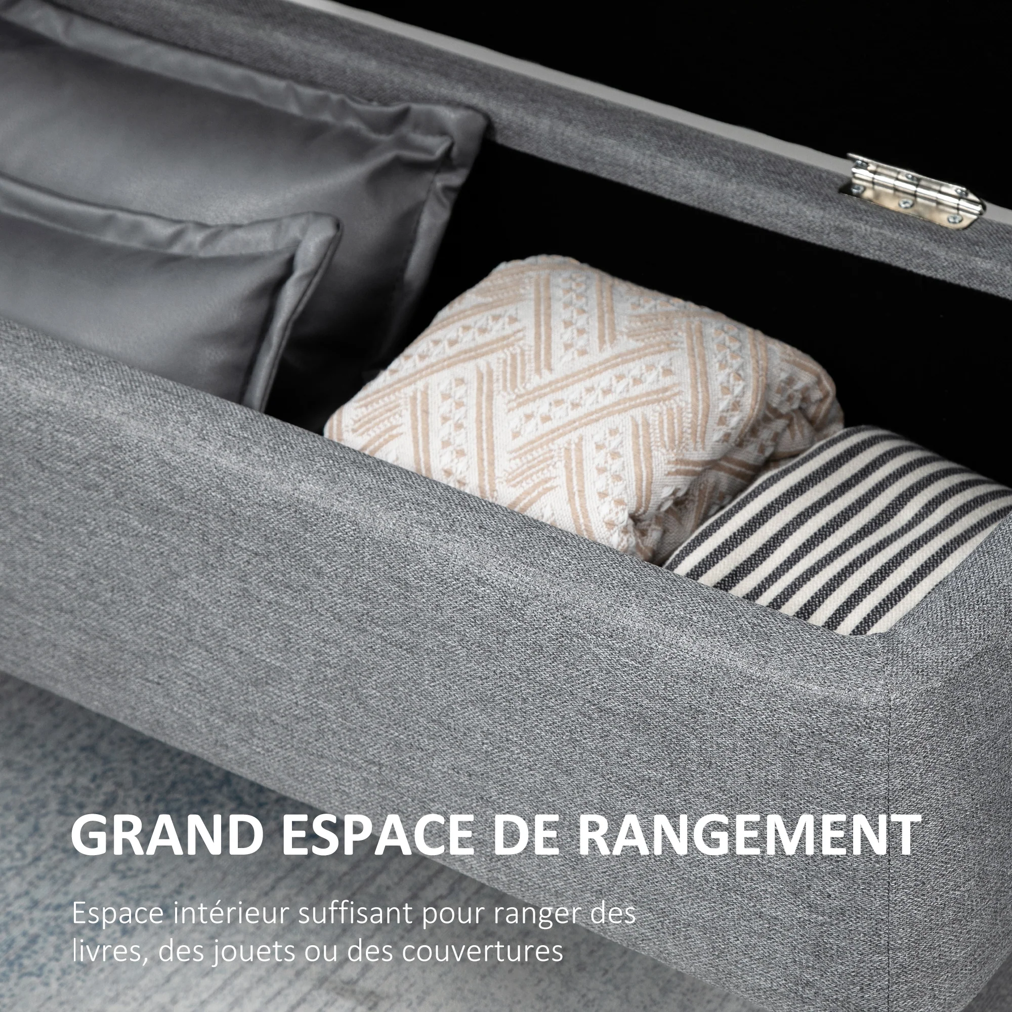 Banc de rangement, bout de lit, coffre de rangement en tissu avec pieds en acier noir, 101 x 38,5 x 44,5 cm, gris - Image 5