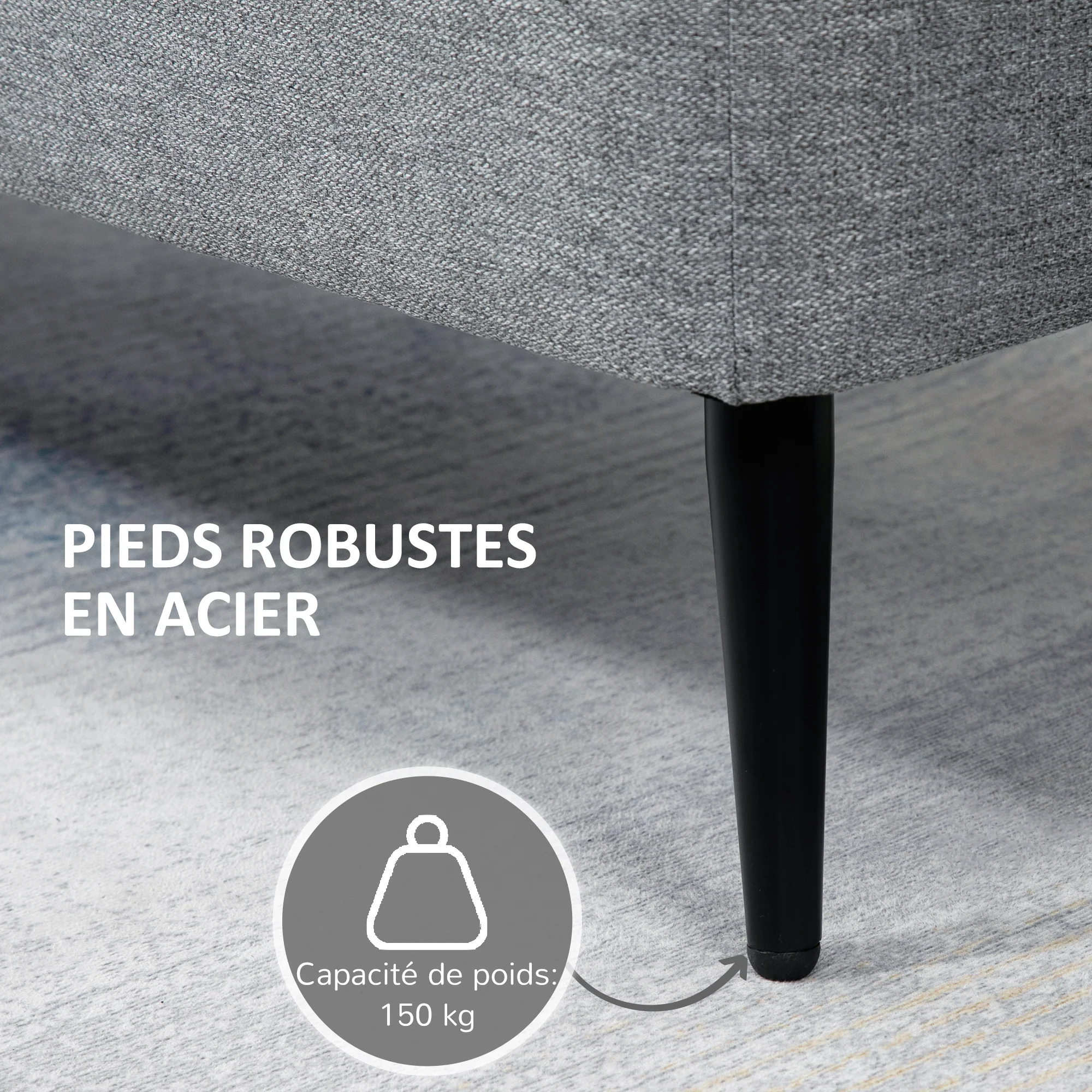 Banc de rangement, bout de lit, coffre de rangement en tissu avec pieds en acier noir, 101 x 38,5 x 44,5 cm, gris - Image 6