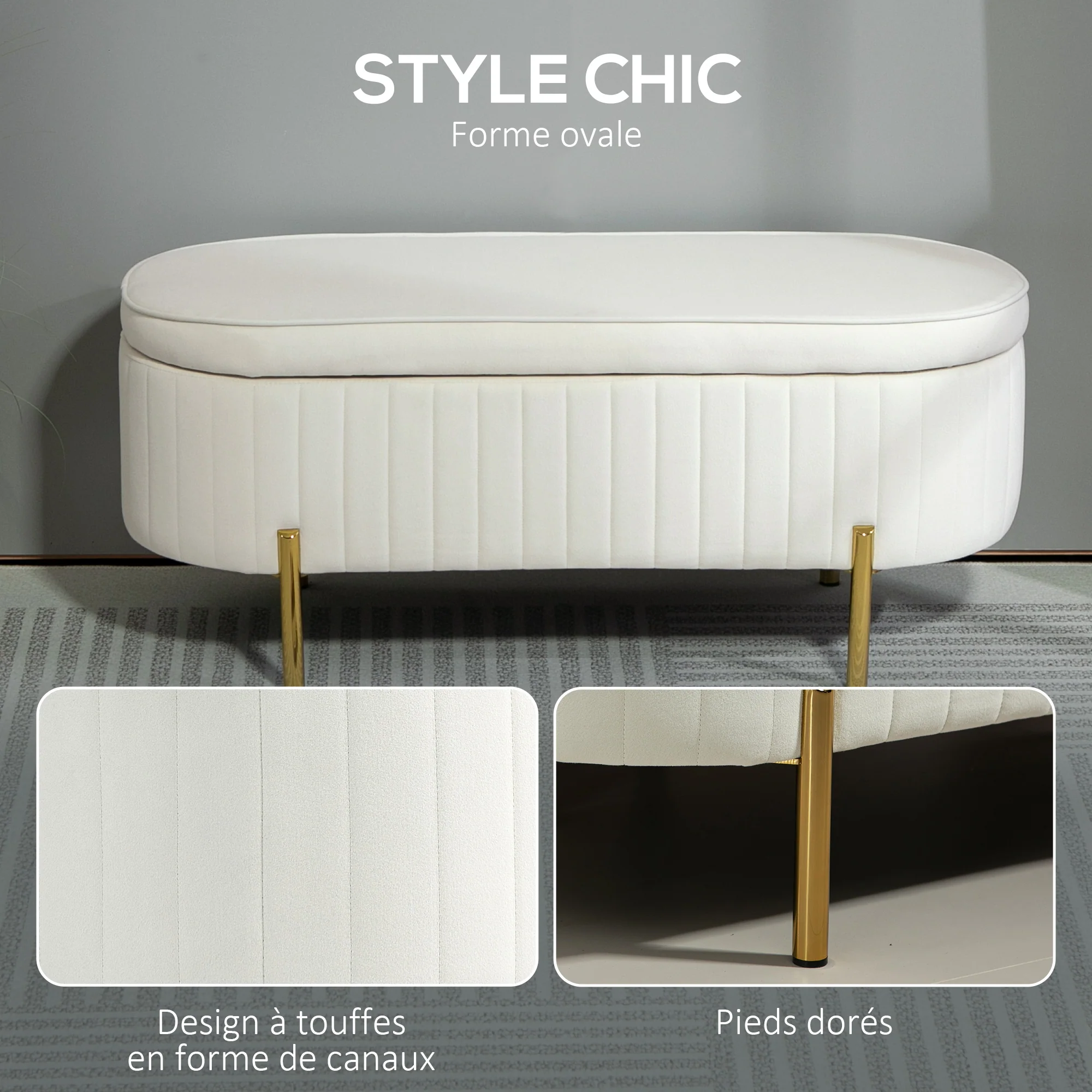Banc de rangement, bout de lit en velours, coffre de rangement avec couvercle, pieds en métal, capacité 72 L, jusqu'à 220 kg, banquette pour salon, chambre, entrée, 108x44x43,5cm, crème - Image 6