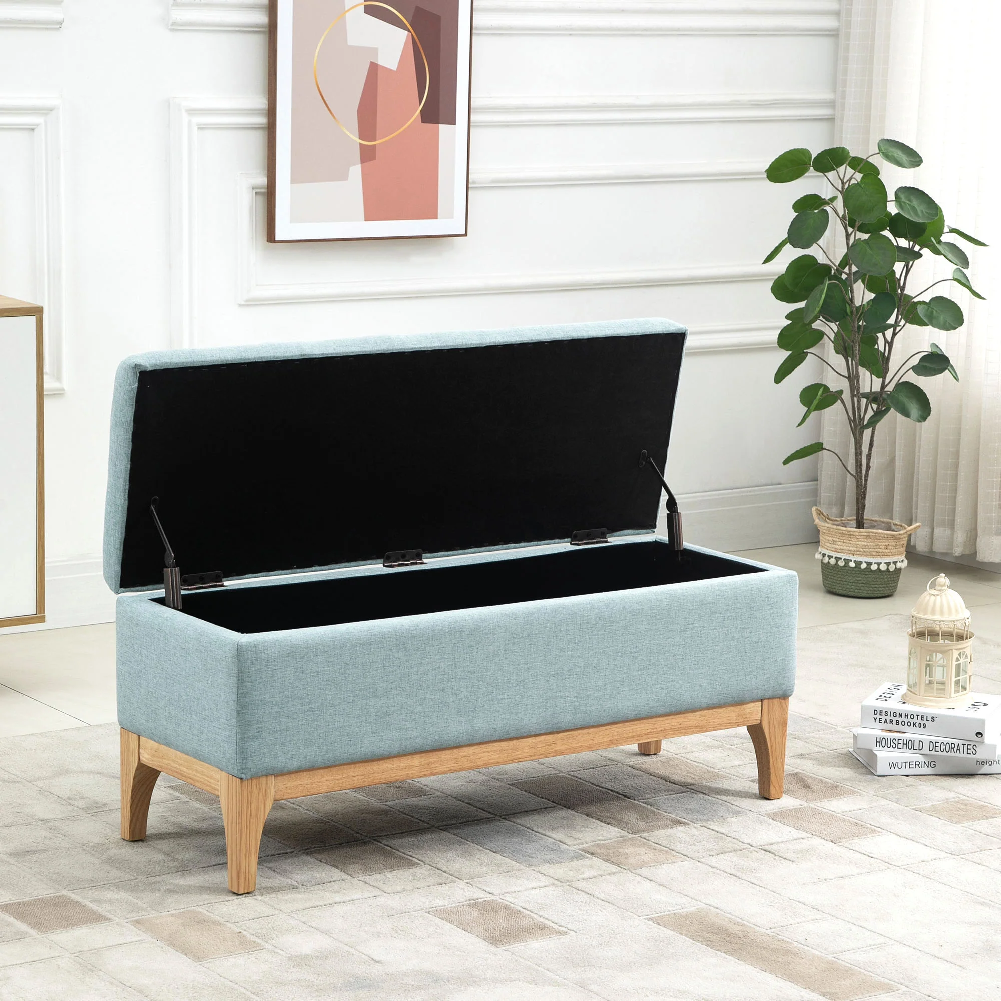 Banc de rangement, coffre de rangement avec couvercle amovible style scandinave, bout de lit en tissu lin, 110 x 39 x 45 cm, vert d'eau - Image 10