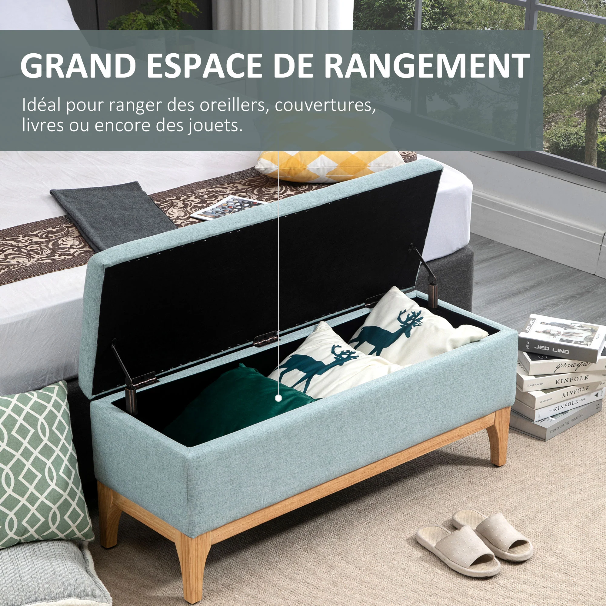 Banc de rangement, coffre de rangement avec couvercle amovible style scandinave, bout de lit en tissu lin, 110 x 39 x 45 cm, vert d'eau - Image 5