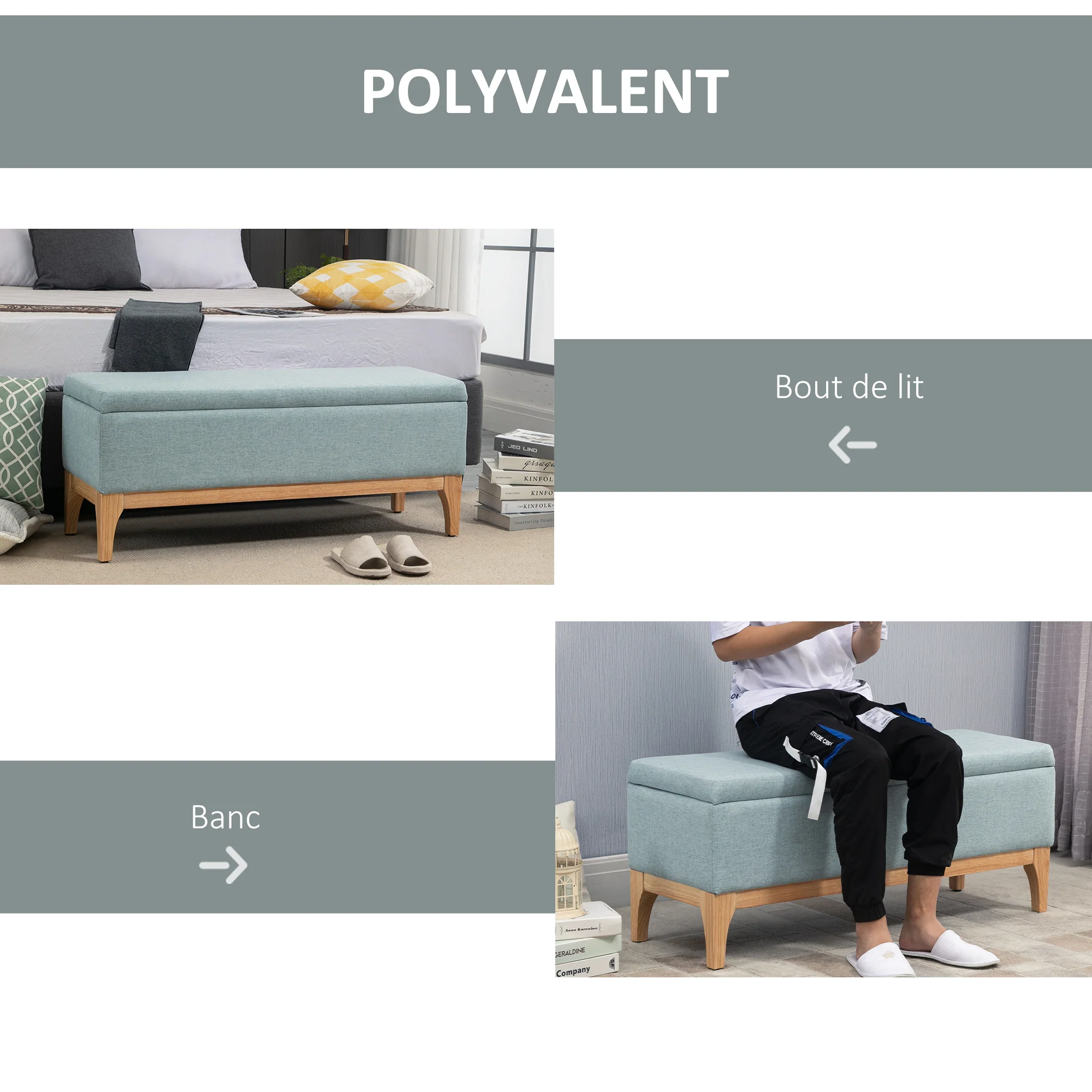 Banc de rangement, coffre de rangement avec couvercle amovible style scandinave, bout de lit en tissu lin, 110 x 39 x 45 cm, vert d'eau - Image 6